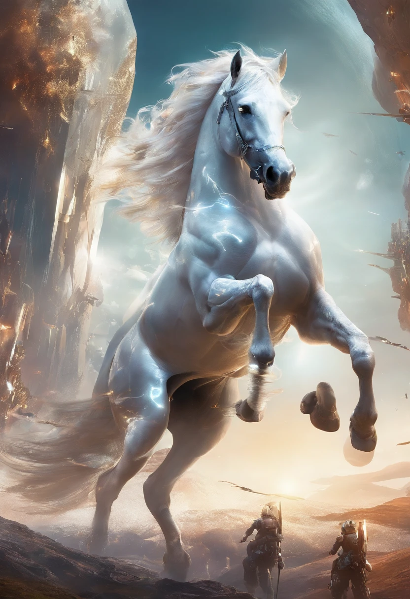 A white horse, Its riders wield bows, and was awarded the crown; He rides like a winner determined to win, Realistic, 8K