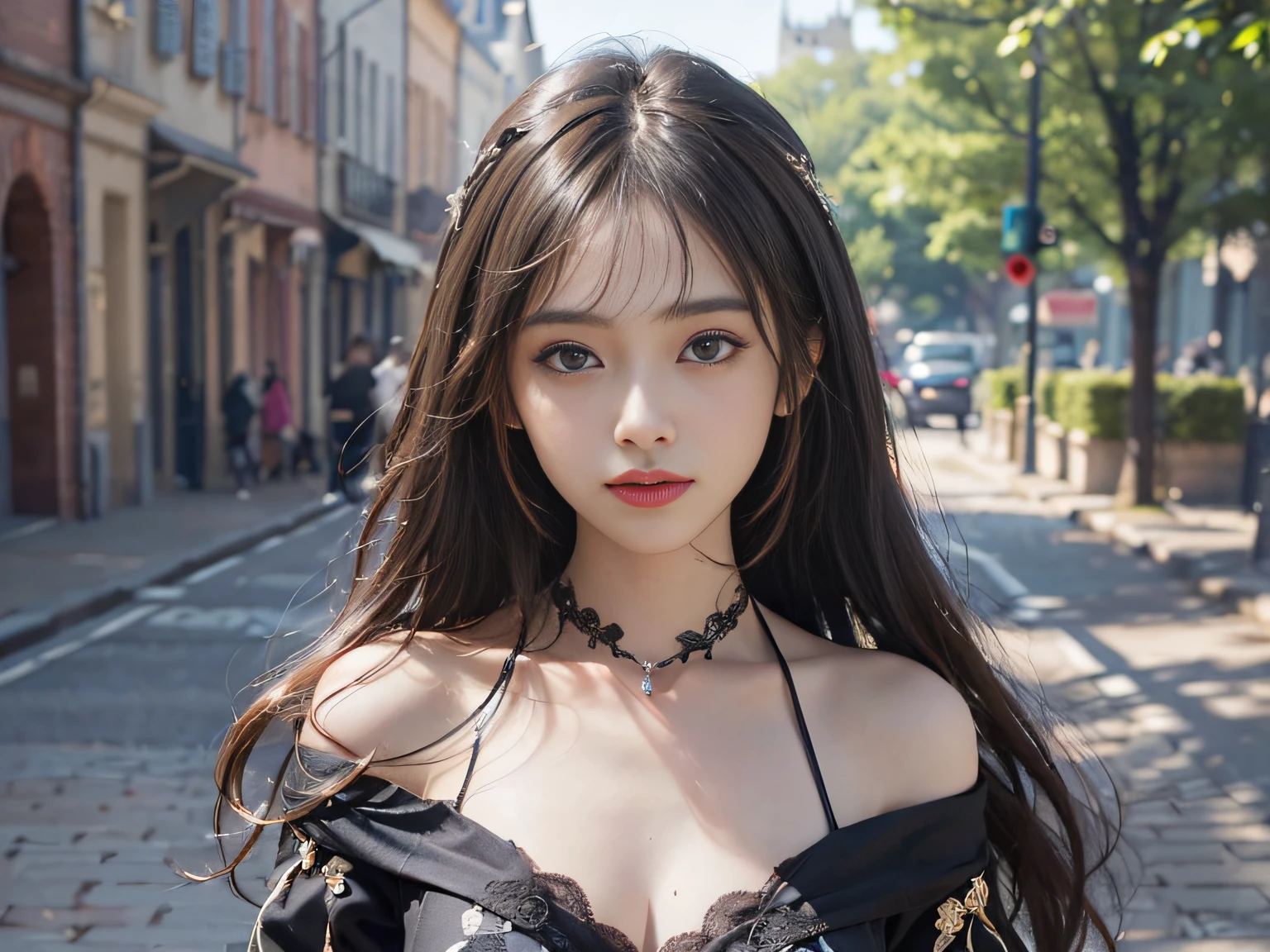 (ultra-realistic realism)、(illustratio)、(A high resolution)、(8K)、(The is very detailed)、(Best Illustration)、(Beautifully detailed eyes)、(top-quality)、(ultra - detailed)、(tmasterpiece)、(the wallpaper）、（A detailed face）、独奏、1 girl in、looking at viewert、finedetail、A detailed face、in the darkness nigth、deep shading、low tune、pureerosfaceace_V1、A smile、Long、Black shawl straight hair、46-point diagonal bangs,　（silk dress、long  skirt）(cropped shoulders）The view of the castle、、Stand against the wall
