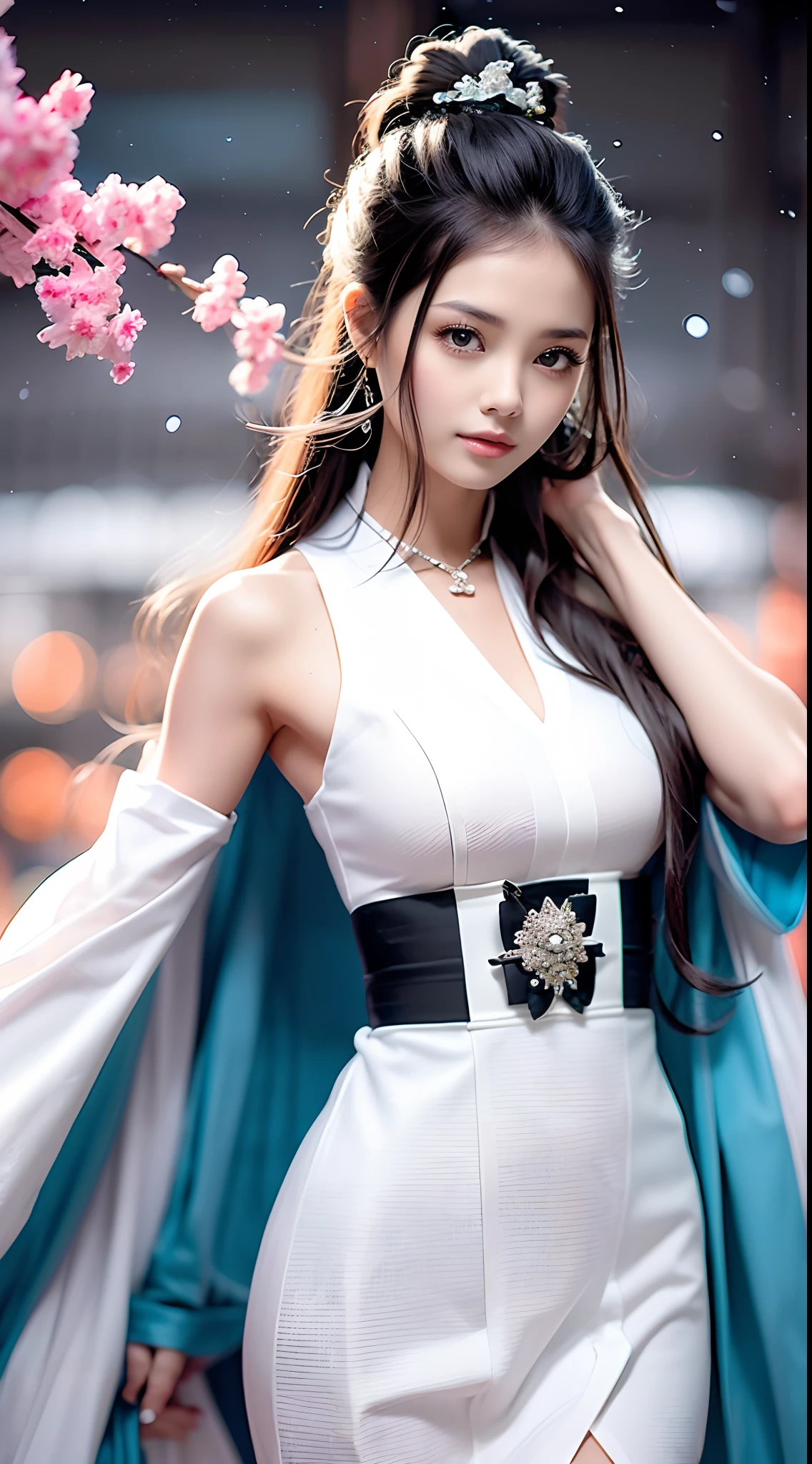 Beautiful detailed woman,very detailed eyes and faces, A detailed eye, ultra - detailed, A high resolution, The is very detailed,best qualtiy,illustratio,unified,8k 壁纸,tmasterpiece,best qualtiy,1girll, ChineseGirl，Chinese looks，full bodyesbian，flowing robe，Super beautiful face, super beautiful eye,Flowing hair， Shawl hair，Simple hair accessories，full bodyesbian，Plain white dress，long yarn，Beautiful picture，snowy day，snowfield，clubs，See plum blossoms in the snow，enjoying，gentleness，Casual pose