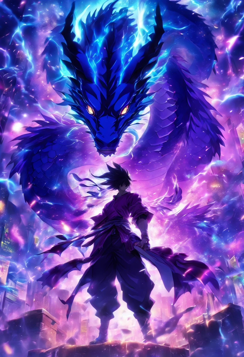 In a holographic arena, YuGiUh players call their monsters to do battle, one player strikes a dramatic pose as he calls out a Blue Eyes White Dragon! cyberpunk Tokyo, wildly over dramatic