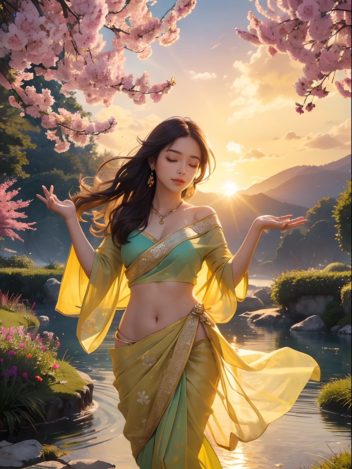 colorful,relaxing,vibrant,beautifully detailed flowers,bright,colorful atmosphere,soft lighting,vivid colors,ethereal,peaceful,serene,tranquil,gorgeous setting,breathtaking view,picturesque landscape,serene garden,majestic sunset,lovely garden,blooming flowers,splendid colors,natural beauty,silhouette of trees,dreamy ambiance,ray of sunlight peeking through the branches,draped in a vibrant Saree,she twirls gracefully,fabric gracefully flowing,embroidered details,glowing in the golden hour,breathtaking elegance,soothing,harmonious,scenic beauty,serenity,embrace of nature,gentle breeze,tranquility,serene atmosphere,calming effect,serene sanctuary,alluring aura,graceful presence,dazzling blend of colors,exuding grace and charm,serene expression,radiant smile,basking in the warm glow of the setting sun,creating a magical moment,capturing the essence of beauty,immersed in nature's tranquility,transporting to a world of peace and bliss,sublime beauty,sunset's golden hues bathing the garden in a warm glow,creating an enchanting and mesmerizing scene,lush greenery providing a perfect backdrop,relaxed and carefree,savoring the beauty of the moment.