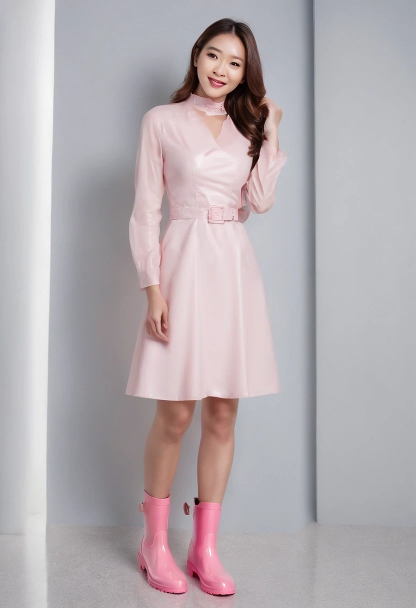 Close up of an Asian beautiful woman wearing pink latex shiny rain boots,Get wet,Short white dress,Happy expression,Laughed,The background is a light-colored interior,light and shadow effect,High-precision details,Full body photo,Authentic photo texture,The picture is clear,9 head body proportions