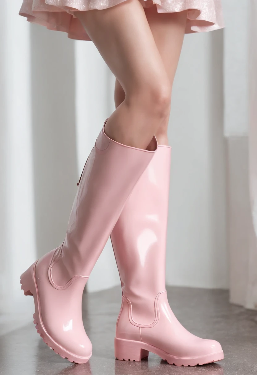 Close up of an Asian beautiful woman wearing pink latex shiny rain boots,Get wet,Short white dress,Happy expression,Laughed,The background is a light-colored interior,light and shadow effect,High-precision details,Full body photo,Authentic photo texture,The picture is clear,9 head body proportions