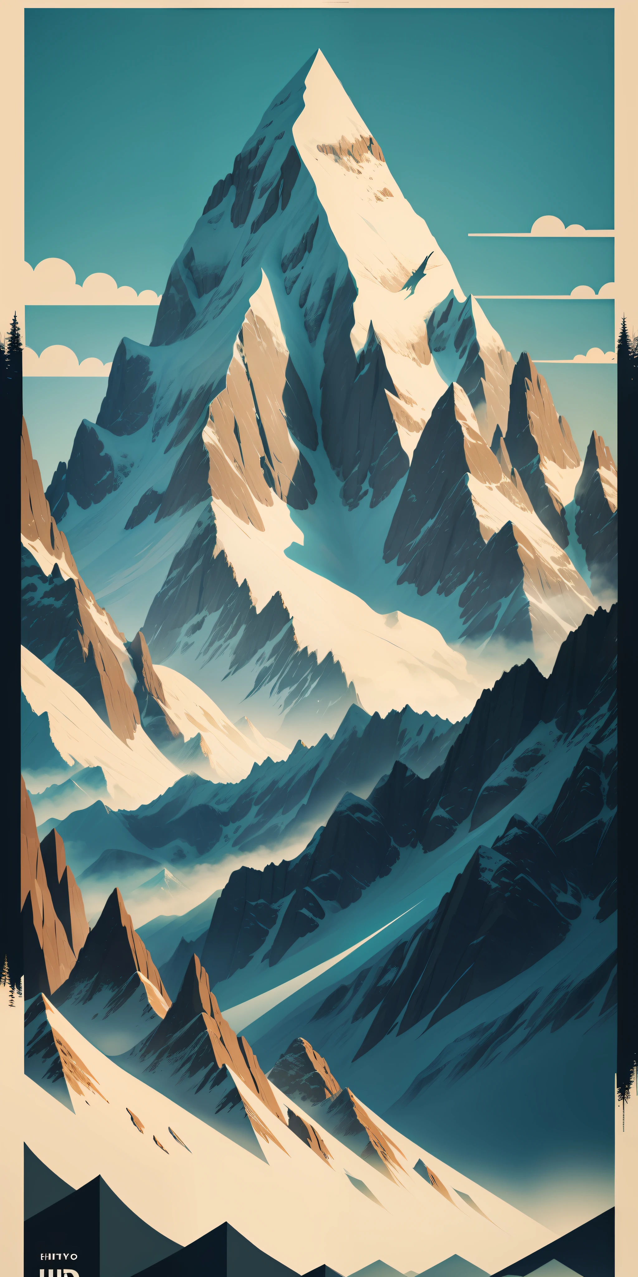 highly detailed publicity poster beautiful tall mountains and trees pop art typography vintage paper rule of thirds trending on artstation uhd