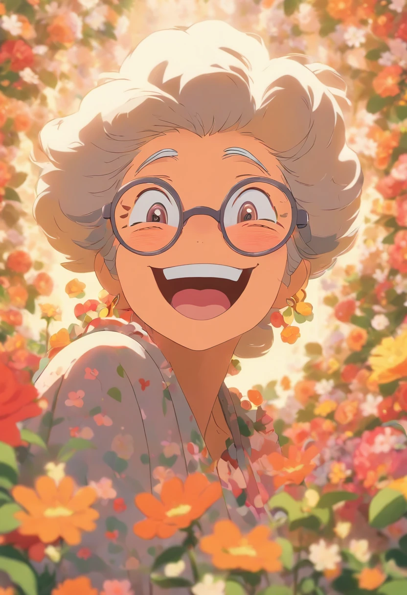 Grandmother with small eyes in the shadow of glasses，Laugh happily，The back is surrounded by many flowers