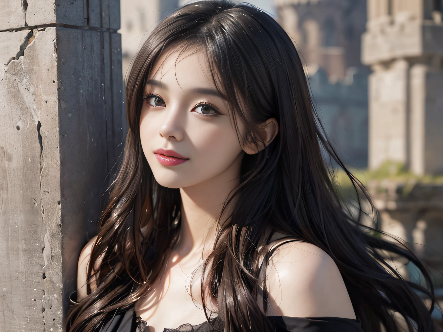 (ultra-realistic realism)、(illustratio)、(A high resolution)、(8K)、(The is very detailed)、(Best Illustration)、(Beautifully detailed eyes)、(top-quality)、(ultra - detailed)、(tmasterpiece)、(the wallpaper)、(A detailed face)、独奏、1 girl in、looking at viewert、finedetail、A detailed face、in the darkness nigth、deep shading、low tune、pureerosfaceace_V1、A smile、Long、Black shawl straight hair、46-point diagonal bangs, (silk dress、long skirt)(cropped shoulders)The view of the castle、、Stand against the wall