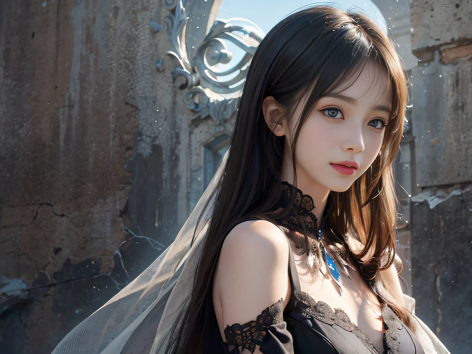 Standing in the grave、Hair Flow、 ((Highest quality、masterpiece、8k、Best image quality、Ultra-high resolution、Award-winning works)、(Accurate anatomy:1.1)、(Look at me and smile:1.1)、Shining fair skin with Ultra-high resolution、The most detailed face、Ultra-high resolution detailed face、Ultra-high resolutionの髪の毛、(Ultra-high resolution eye:1.1)、Beautiful face drawn in every detail、Steampunk costumes, Chest to chest,  Strange atmosphere, Ghosts flow, Dark Light, At the cemetery, Heavy makeup 