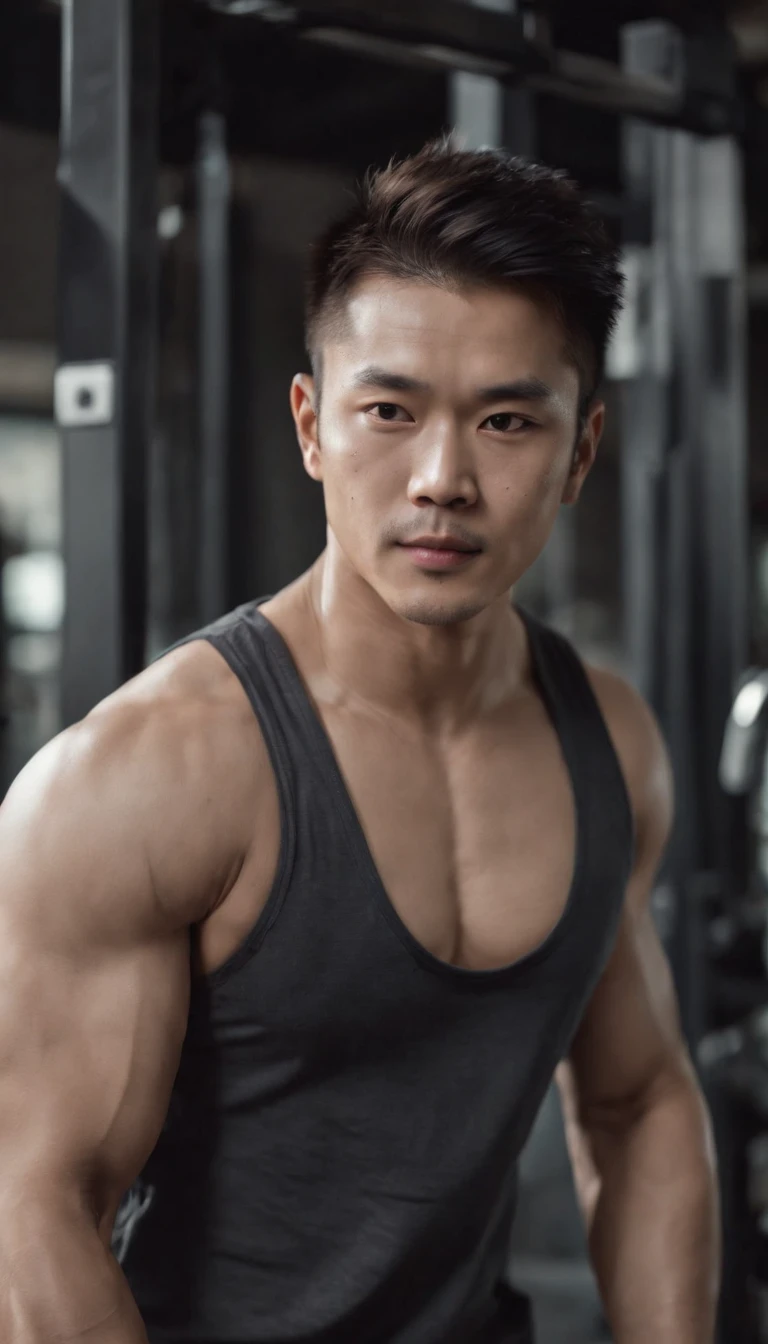 (Dynamic Pose: 1.2),(Alafed Man training in the gym), Asian Male, model with attractive body, male model, Korean Male, Handsome men, Japanese Models, lean man with light tan skin, attractive male, young man with beautiful face, attractive face and body, handsome chad chin, mid-shot of a hunky, strong masculine features、gym、((Training Room Background))、Blurry background and bokeh effect,Standing Pausse
