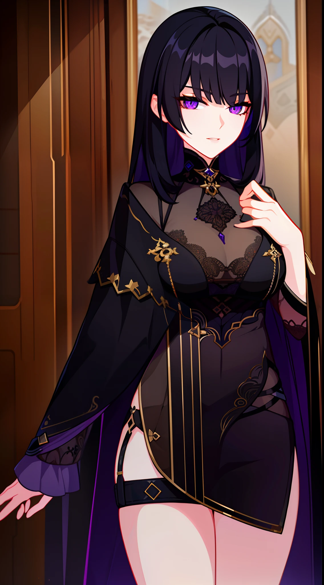 young girl, long dark purple or black hair, violet eyes, Black Rich Closed Clothing, Masterpiece, hiquality, high detail, HD, 4k