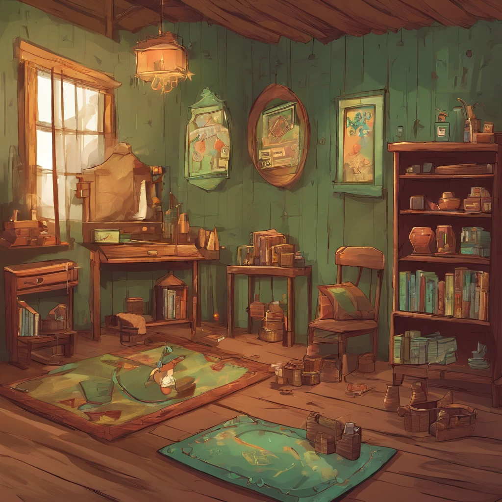high qulity, There was a boy's room, The room should be decorated mainly in green, Rustic décor, Wooden furniture, Comfortable color combination, The width and dimensions of the room are the same, Breadth or depth. Here is a screenshot of the game. This image captures furniture