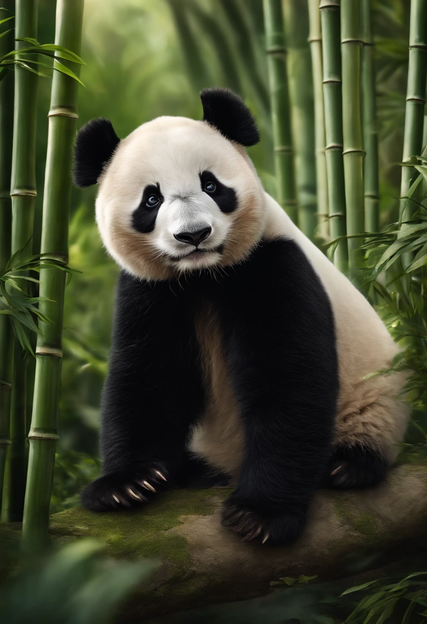 Animal panda is facing the camera and is nibbling bamboo Cute panda real shooting top quality, 超A high resolution, (reality: 1.4), 电影灯光, jpn, very very beautiful, Delicate hair, slenderness,(ultra-realistic realism), (A high resolution), (8K), (The is very detailed), ( Best Illustration), (Beautifully detailed eyes), (ultra - detailed), (the wallpaper), 详细的脸, Bright lighting, Professional lighting, looking at viewert, Staring straight ahead、background slightly blurred、Panda Panda does not want people,