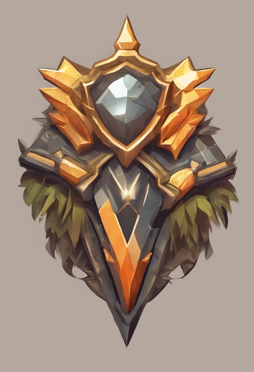 Game medallion with metal faucet closeup with crown,, hearthstone art style, Hearthstone style art, hearthstone concept art, Riot game concept art, style of league of legends, iconic character splash art, League of Legends crown,Game badge,Surrounding metal feathers,Orange gold,c4d渲染,Less detail,less detailing