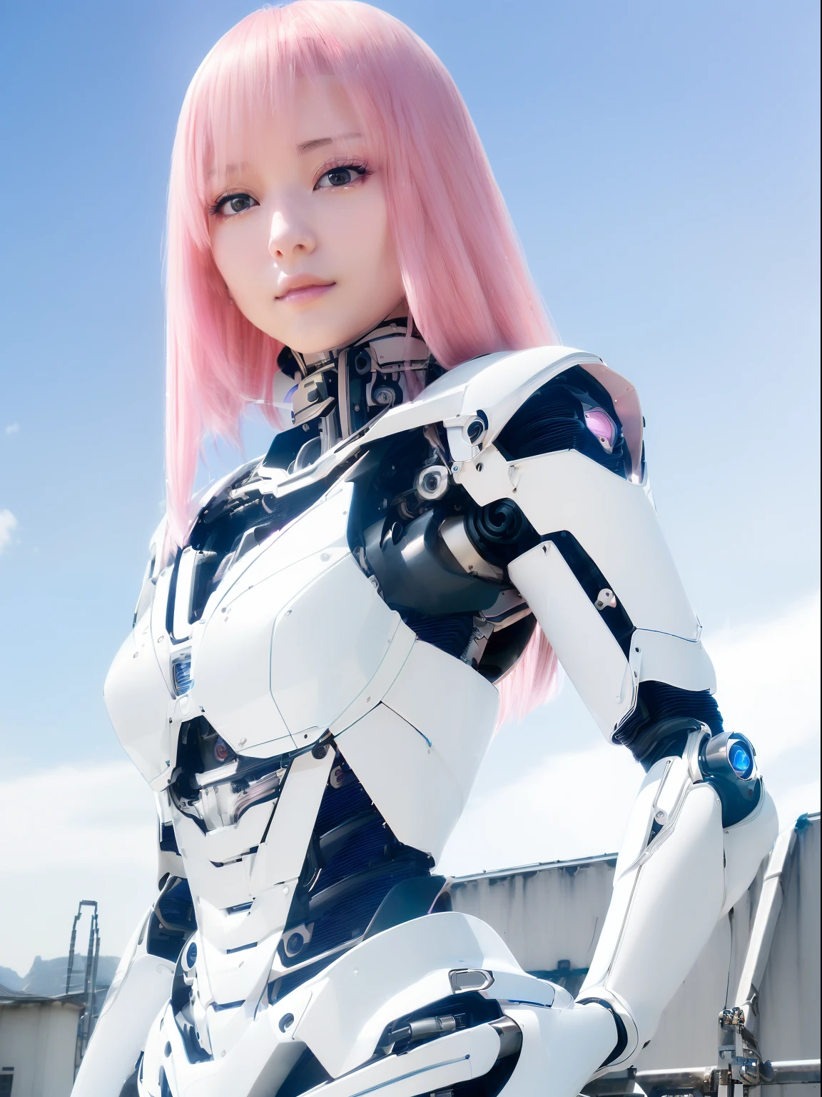 ((masutepiece)), ((top-quality), high quarity、ultra-definition, Realistic, (Ultra-fine face)、fulcolor 、scientific fiction、One beautiful robot police woman、droid、(Mechanical joints)、Machine body、(Parts of the machine)、Thick wire joints、White porcelain mechanical armor、(Curvaceous face)、deadpan、pink straight hair、((Electronic substrate))、cables
