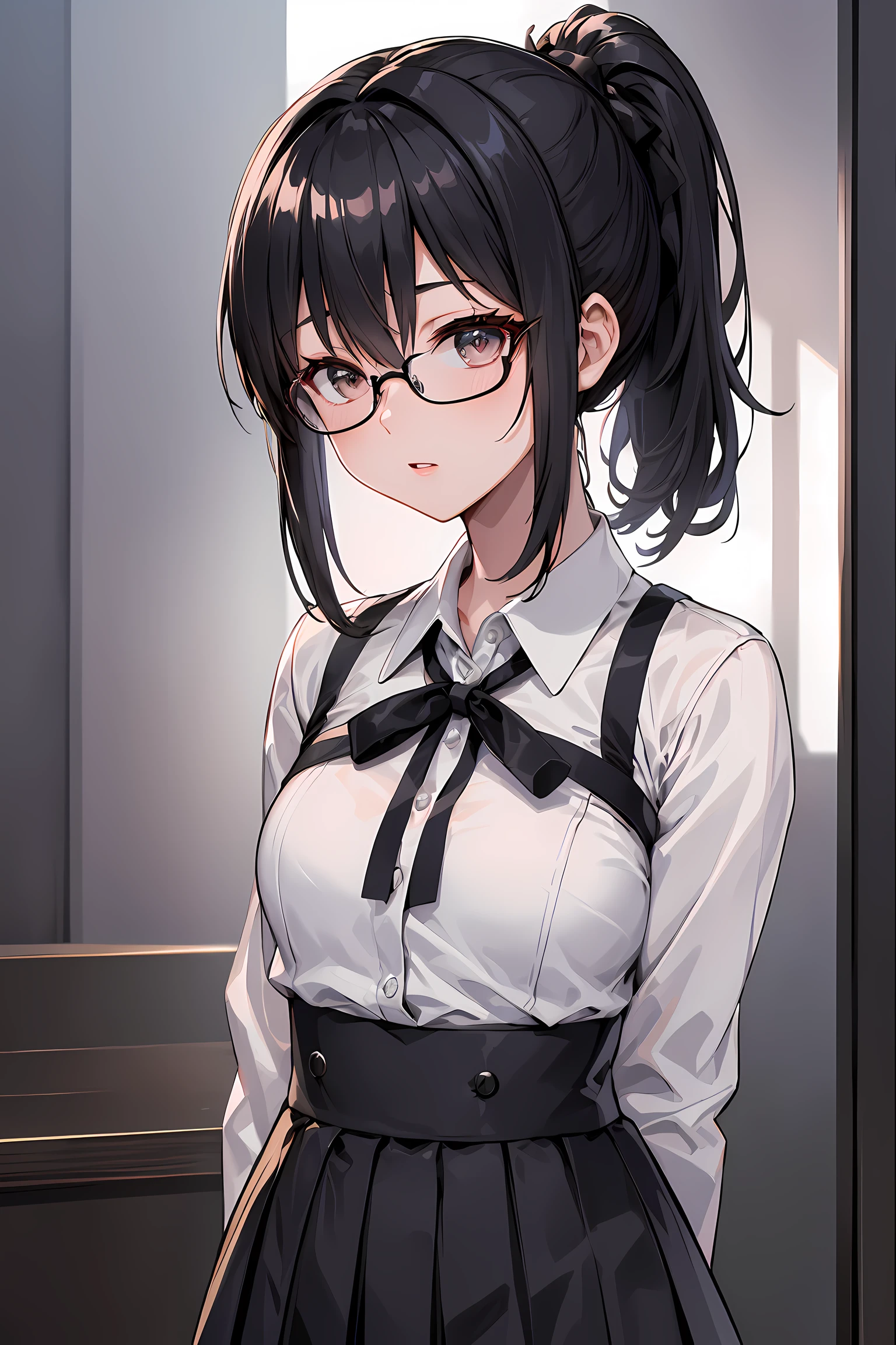 (1glasses girl:1.3, solo), (Audrey Hepburn:1.3), (a extremely pretty and beautiful Japanese woman), (sexy girl), (professional attire:1.3), (22 years old: 1.1), (from below:1.3), (low angle:1.3), (ground level shot:1.3), (girl on top:1.3), (arms behind back between legs:1.3), (attractive random posing:1.3), (in the queen's room:1.3), (starring at you:1.3), (front view:1.3), break, (ponytail:1.3), (shiny-black thin hair:1.2), bangs, dark brown eyes, beautiful eyes, princess eyes, (big eyes:1.3), bangs, wearing a glasses:1.3, Hair between eyes, short hair:1.3, (slender:1.1), (small-medium-breasts:0.95), (thin waist: 1.15), (detailed beautiful girl: 1.4), Parted lips, Red lips, full-make-up face, (shiny skin), ((Perfect Female Body)), (Upper Body Image:1.3), Perfect Anatomy, Perfect Proportions, (most beautiful Korean actress face:1.3, extremely cute and beautiful Japanese actress face:1.3), BREAK, (View viewer, wearing a school girl uniform, (insanely detailed collared shirt:1.3, long-sleeve:1.3), (black ribbon:1.3), (black high-waist-jumper-skirt:1.3, Salopette skirt:1.3), detailed clothes, BREAK, (detailed classy queen's room background:1.2), (dark background), (Studio soft lighting: 1.3), (fake lights: 1.3), (backlight: 1.3), BREAK, (Realistic, Photorealistic: 1.37), (Masterpiece, Best Quality: 1.2), (Ultra High Resolution: 1.2), (RAW Photo: 1.2), (Sharp Focus: 1.3), (Face Focus: 1.2), (Ultra Detailed CG Unified 8k Wallpaper: 1.2), (Beautiful Skin: 1.2), (pale Skin: 1.3), (Hyper Sharp Focus: 1.5), (Ultra Sharp Focus: 1.5), (Beautiful pretty face: 1.3), (super detailed background, detail background: 1.3), Ultra Realistic Photo, Hyper Sharp Image, Hyper Detail Image,