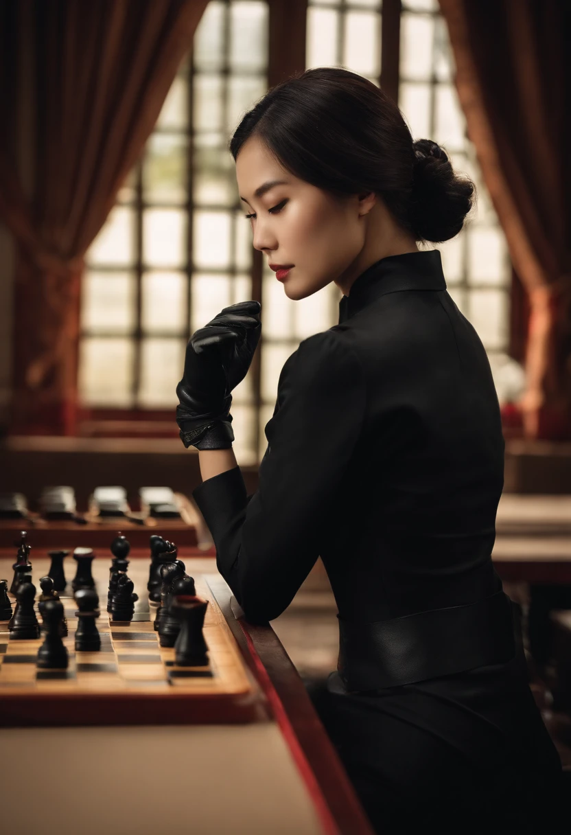 A female shogi player with a black shirt, a black suit and black leather gloves