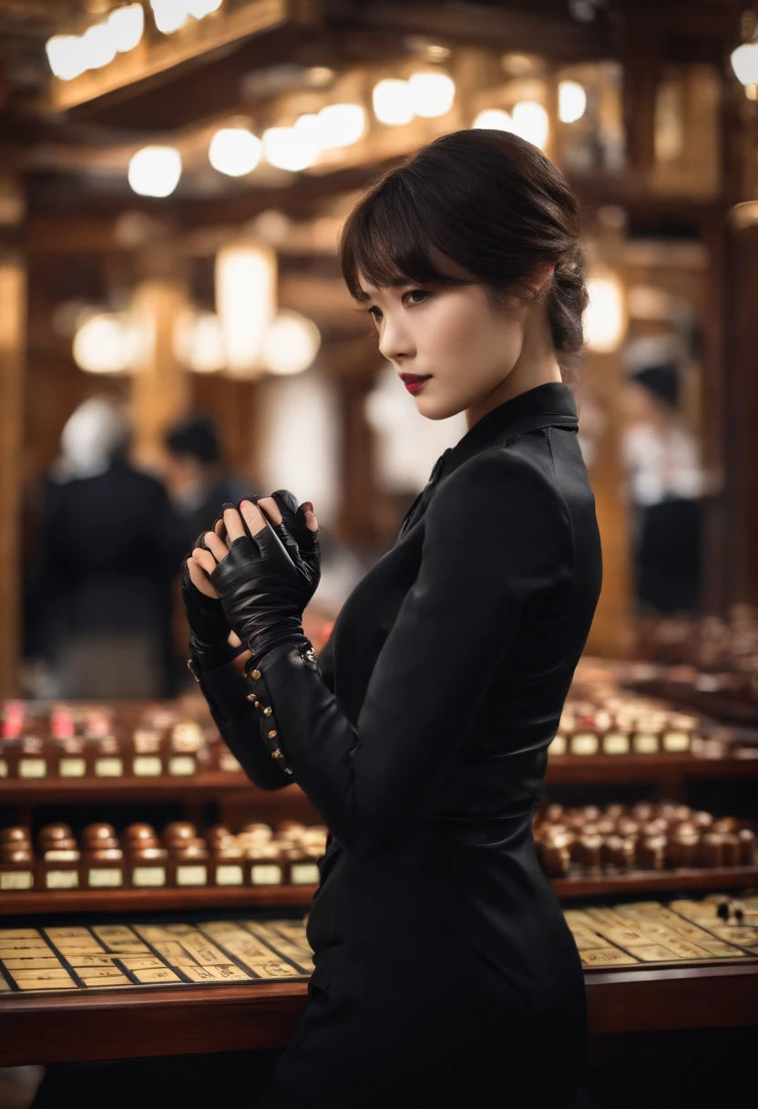 A female shogi player with a black shirt, a black suit and black leather gloves