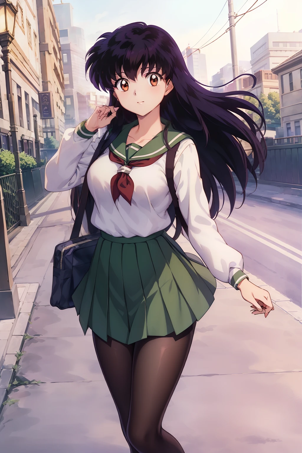 (Best Quality), 1Woman,1girl Kagome Higurashi, brown eyes, full body, photorealistic, (hyperrealistic:1.2), perfect eyes, perfect face, perfect lighting, outdoors, warm colors, city, school uniform, happy, , walking,, smile, pantyhose green