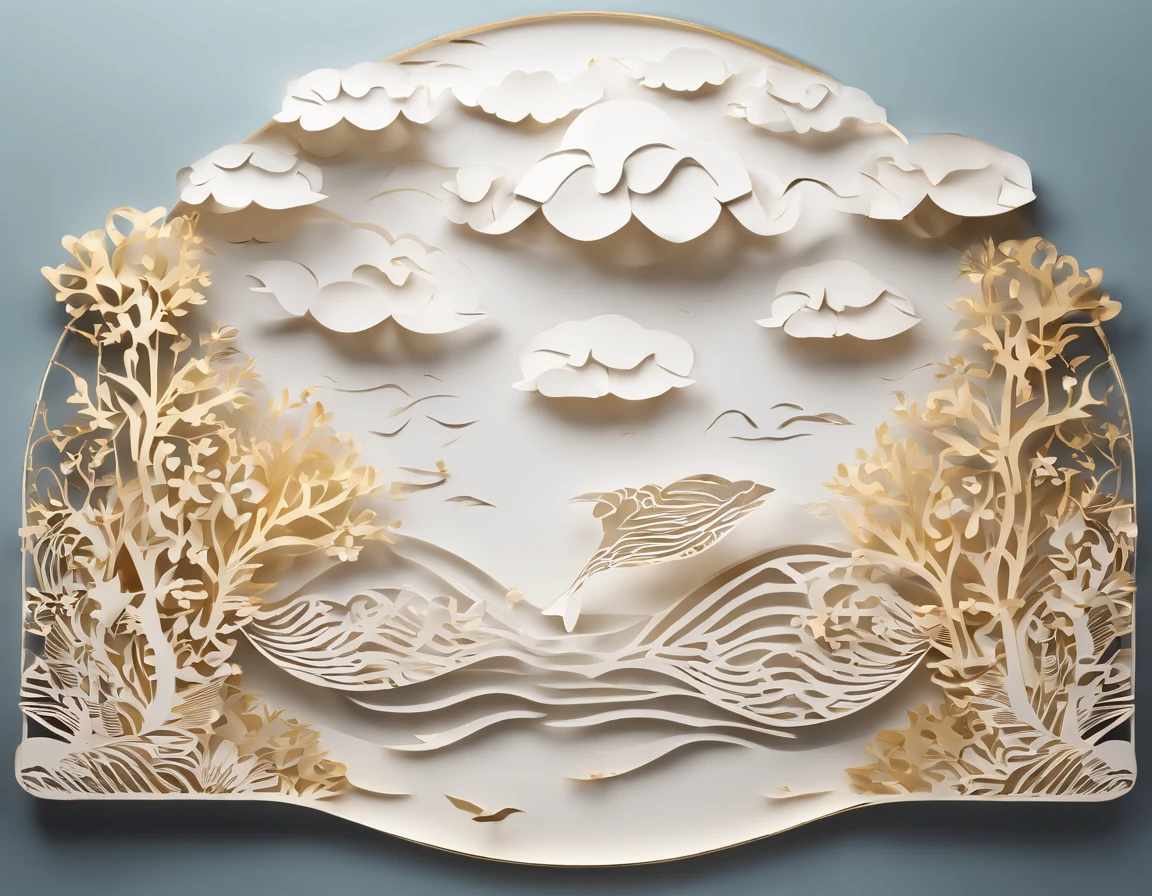 (Paper-cut Art:1.6), three-dimensional undulations. Flying whale swimming between the clouds, Golden Hour,(best quality,4k,8k,highres,masterpiece:1.2),ultra-detailed,(realistic,photorealistic,photo-realistic:1.37), Simple back ground,