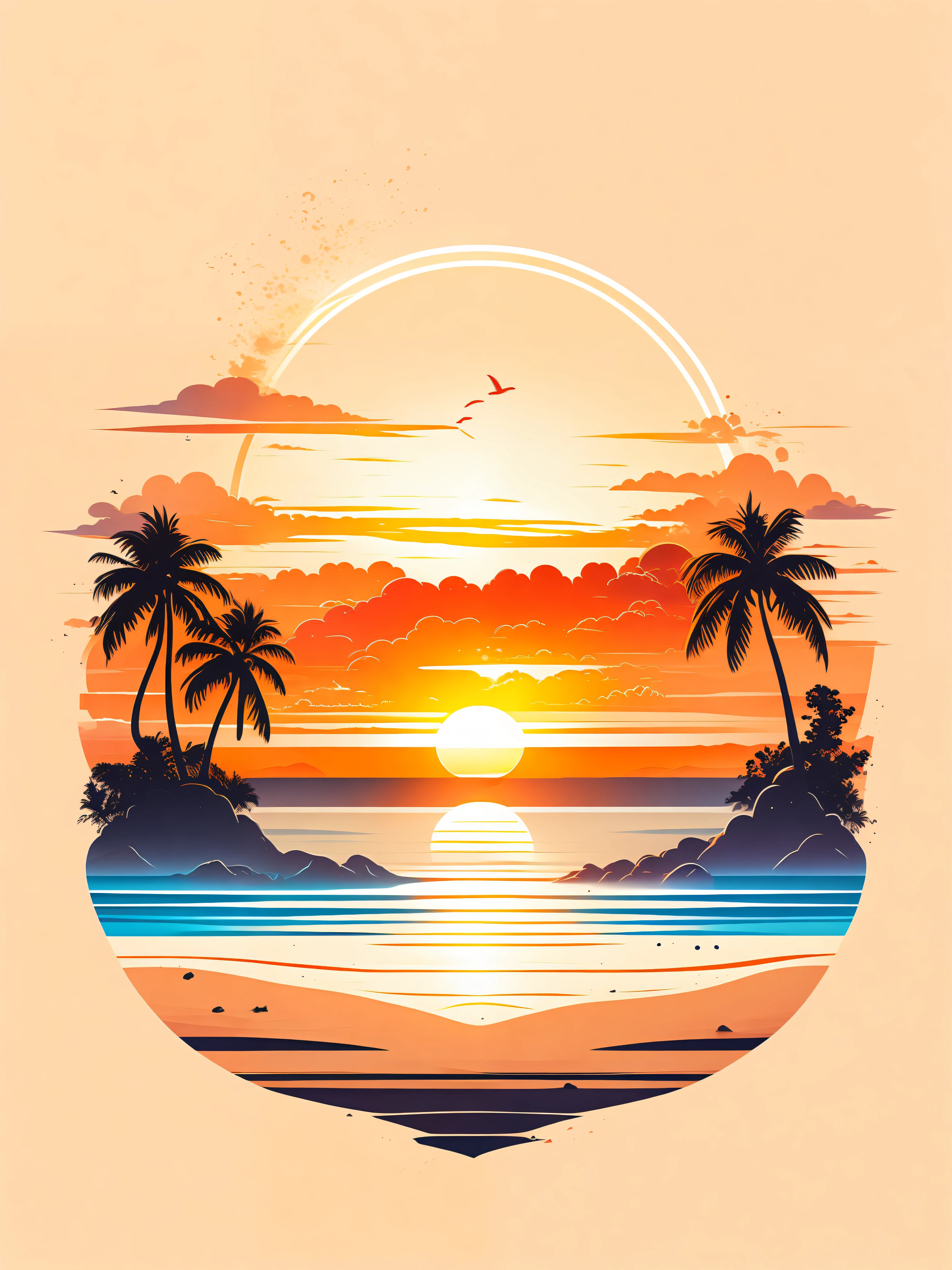 Sunset on the beach, white sand, epic composition, t-shirt design, rzminjourney, vector art