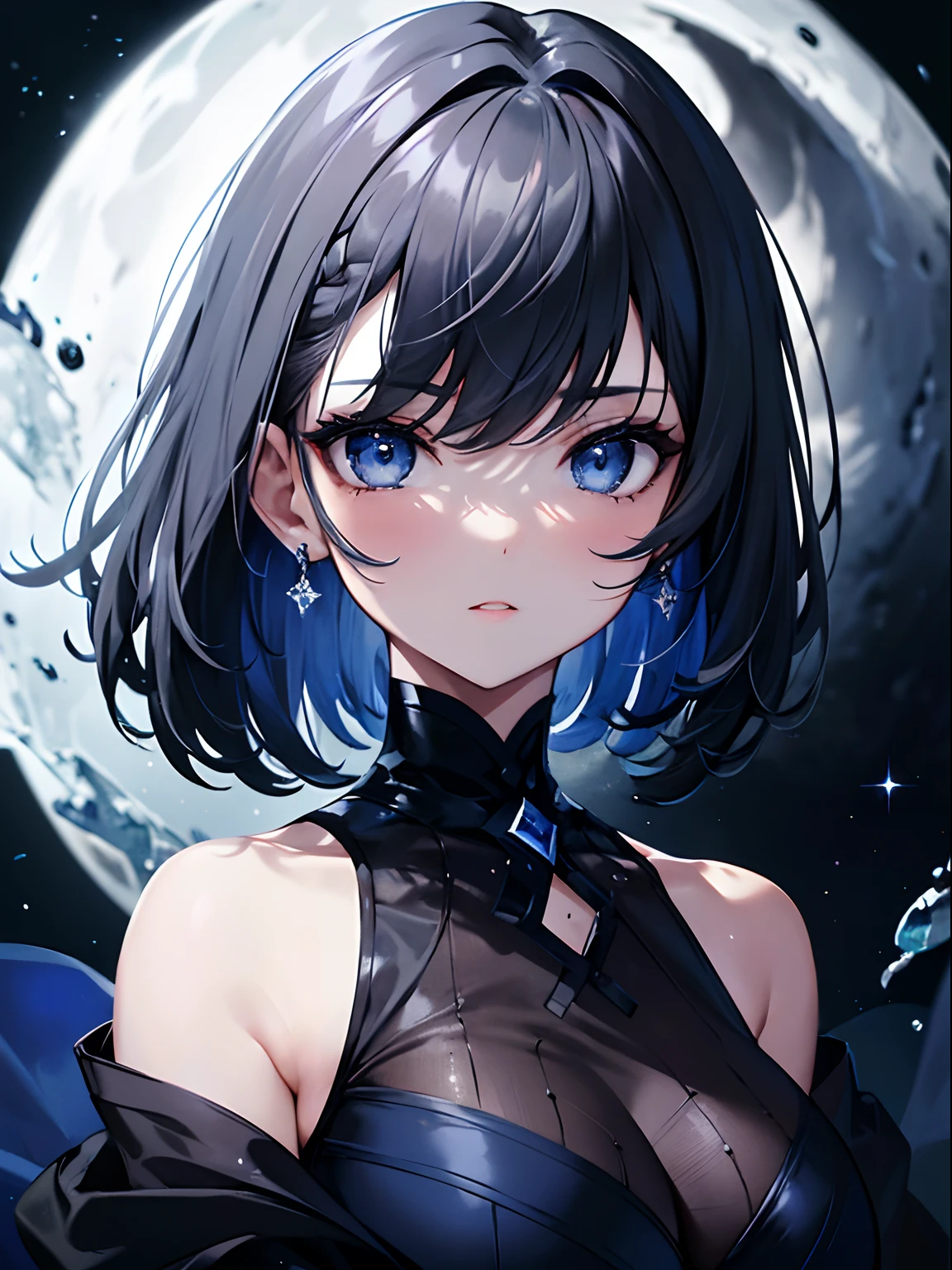 (Masterpiece, Best quality, ultra high resolution),1girl,dark gray hair,dark blue dress,short hair, beautiful and detailed face, detailed eyes,night,moon,(grey and blue theme)