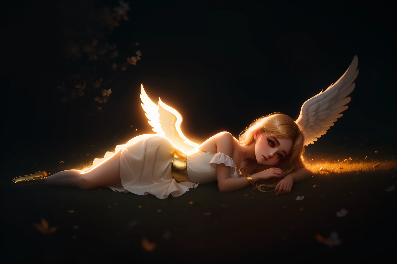 moody lighting, 8K, glowing, particles, white cute girl, lying on ground, delicate face, angel, wings, blonde hair, white silk clothes, ballerina skirt, bare shoulder, long eyelash, gold accessories