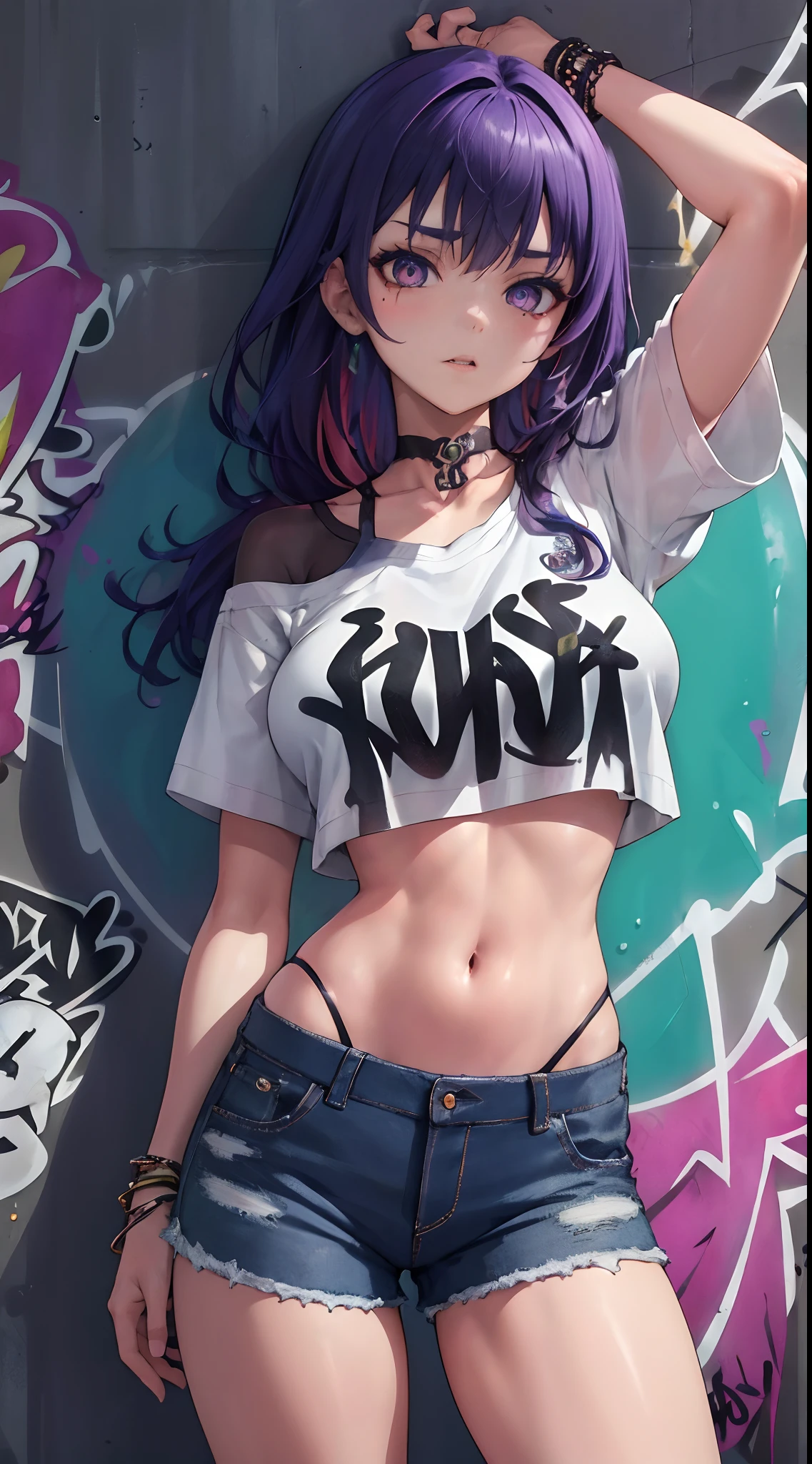 masterpiece, bestquality, 1girls, bara, crop top, shorts jeans, choker, (Graffiti:1.5), color splashes, arm behind back, against wall, looking at the audience, bracelet, Thigh strap, Paint on the body........., Head tilt, bored, multicolored hair, water eyes, headset,