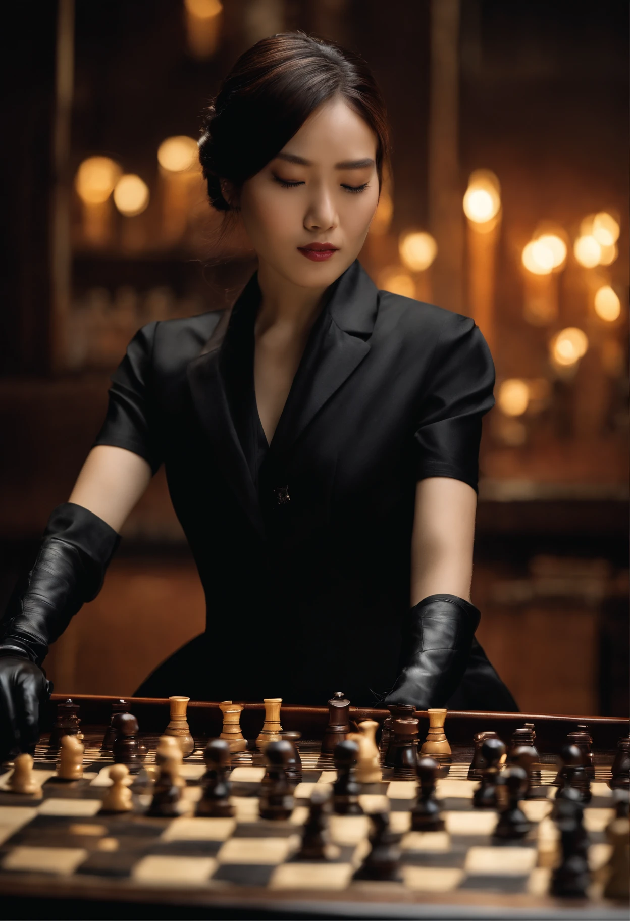 A female shogi player with a black shirt, a black suit and black leather gloves