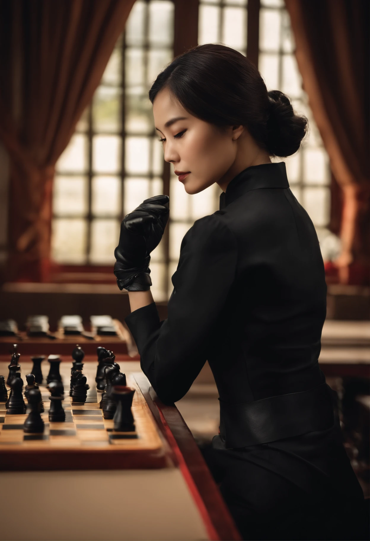 A female shogi player with a black shirt, a black suit and black leather gloves