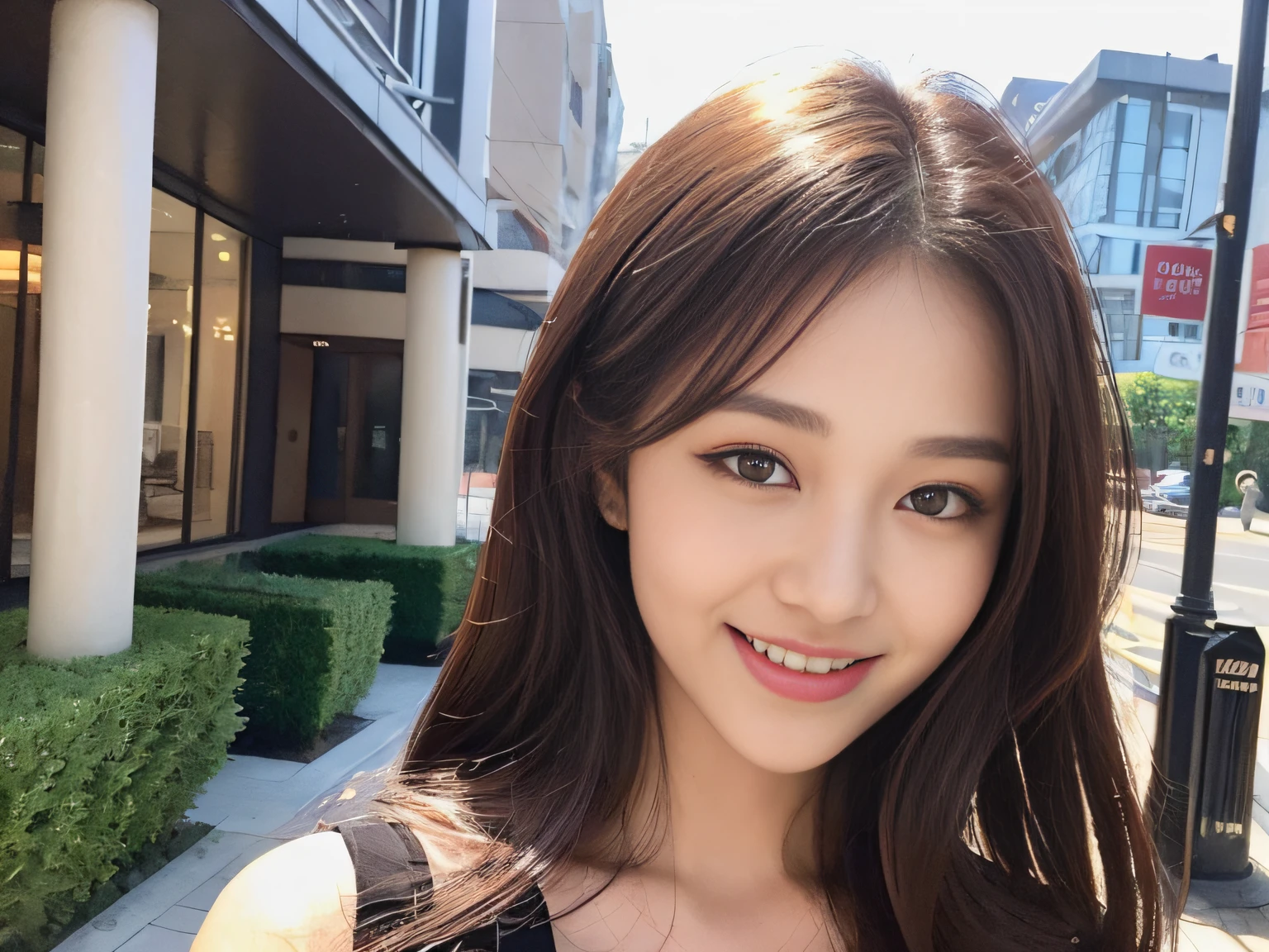 ((Best quality, 8k, Masterpiece :1.3)), 1girl, smiling, full body, slim face, Pretty woman, (Dark brown hair), full length dress :1.1, Ultra-detailed face, Detailed eyes, Double eyelid, blur background, slim face, city, outside, street,