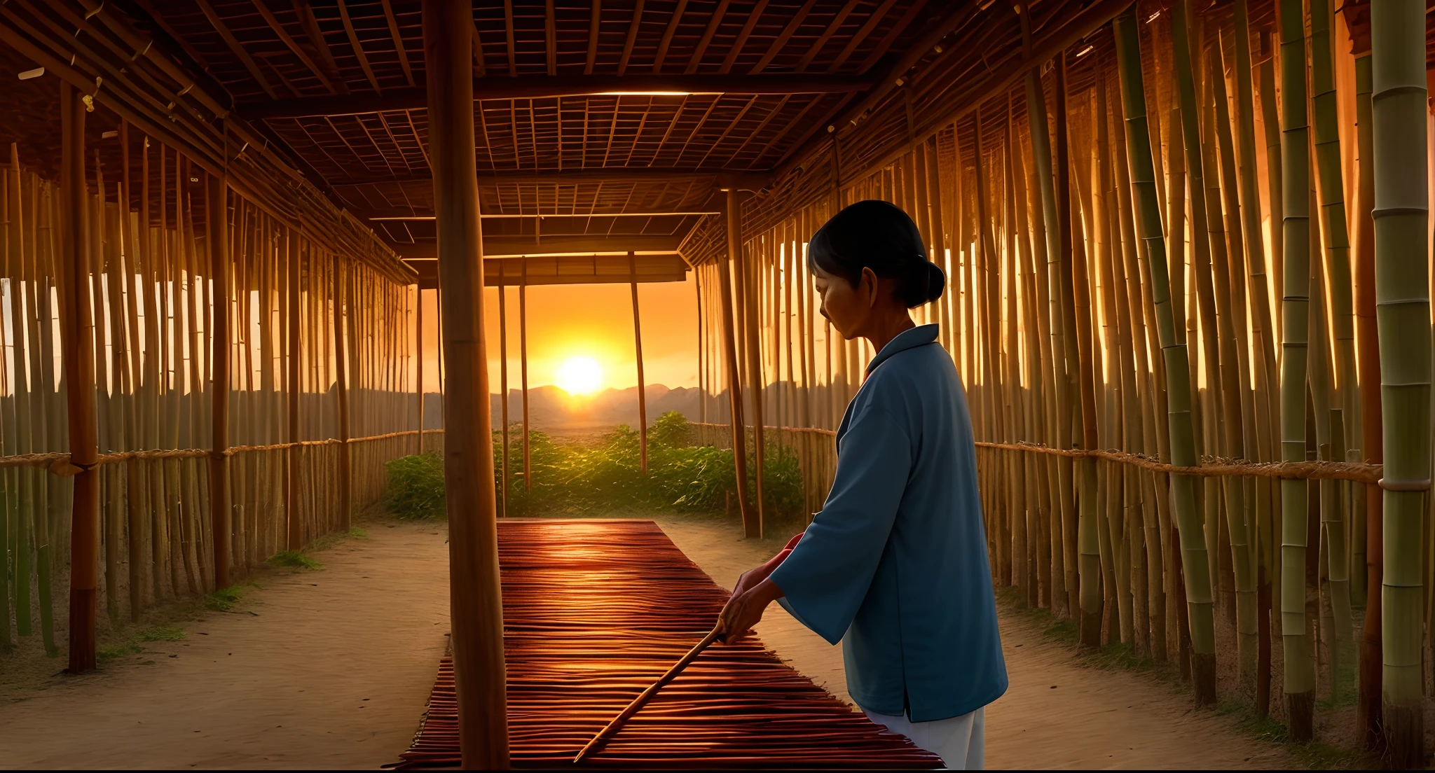 Sweet potato vermicelli drying on bamboo poles Sunset Middle-aged woman collecting vermicelli