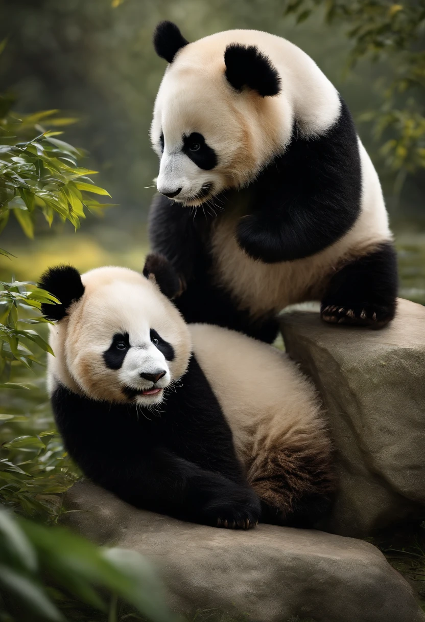 Two pandas fight on stones， Cute panda real top quality, 超A high resolution, (reality: 1.4), 电影灯光, jpn, very very beautiful, Delicate hair, slenderness,(ultra-realistic realism), (A high resolution), (8K), (The is very detailed), ( Best Illustration), (Beautifully detailed eyes), (ultra - detailed), (the wallpaper), 详细的脸, Bright lighting, Professional lighting, looking at viewert, Staring straight ahead、background slightly blurred、Panda Panda does not want people，