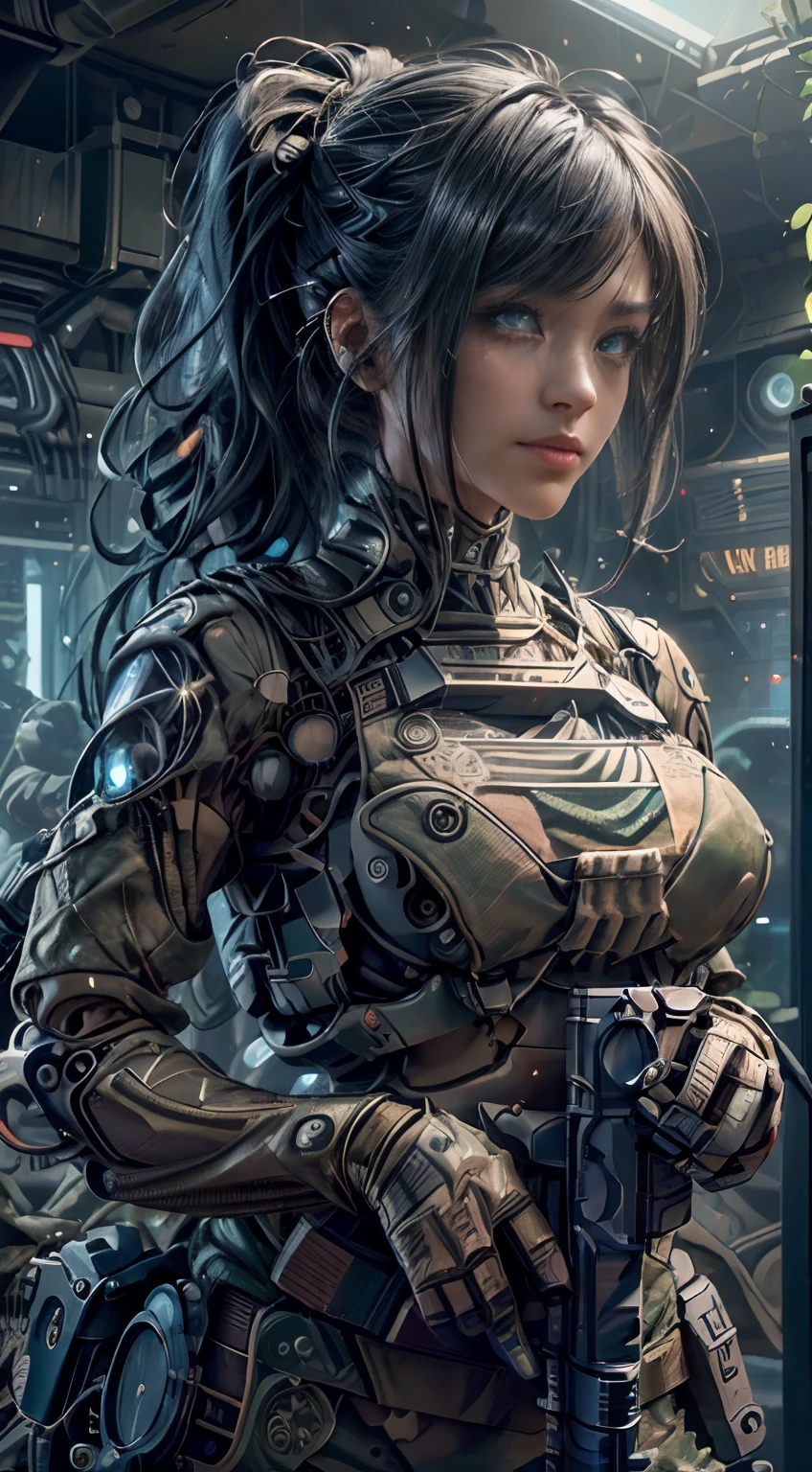 ((Best quality)), ((masterpiece)), (highly detailed:1.3), 3D, beautiful (cyberpunk:1.2) special forces, robort,female with thick voluminous hair wearing (wearing camouflage_uniform:1.1), body armour,cape,digital (camouflage:1.3),HDR (High Dynamic Range),Ray Tracing,NVIDIA RTX,Super-Resolution,Unreal 5,Subsurface scattering,PBR Texturing,Post-processing,Anisotropic Filtering,Depth-of-field,Maximum clarity and sharpness,Multi-layered textures,Albedo and Specular maps,Surface shading,Accurate simulation of light-material interaction,Perfect proportions,Octane Render,Two-tone lighting,Wide aperture,Low ISO,White balance,Rule of thirds,8K RAW,Efficient Sub-Pixel,sub-pixel convolution