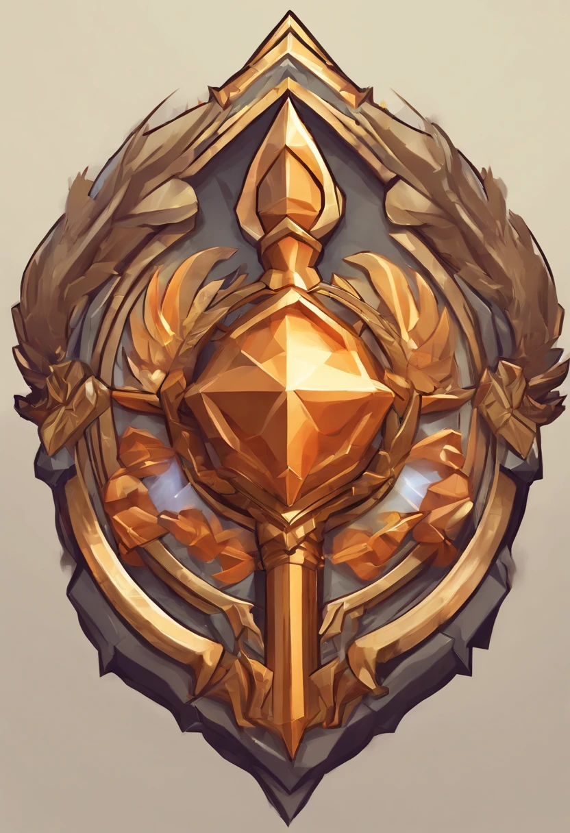 Game medallion with metal faucet closeup with crown,drak,hearthstone art style, Hearthstone style art, hearthstone concept art, Riot game concept art, style of league of legends, iconic character splash art, League of Legends crown,Game badge,Surrounding metal feathers,Orange gold,c4d渲染,Less detail,less detailing