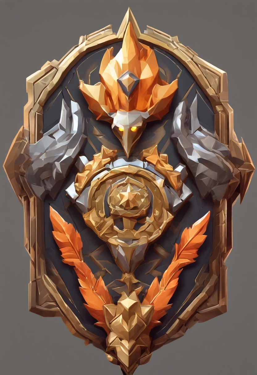 Game medallion with metal faucet closeup with crown,drak,hearthstone art style, Hearthstone style art, hearthstone concept art, Riot game concept art, style of league of legends, iconic character splash art, League of Legends crown,Game badge,Surrounding metal feathers,Orange gold,c4d渲染,Less detail,less detailing