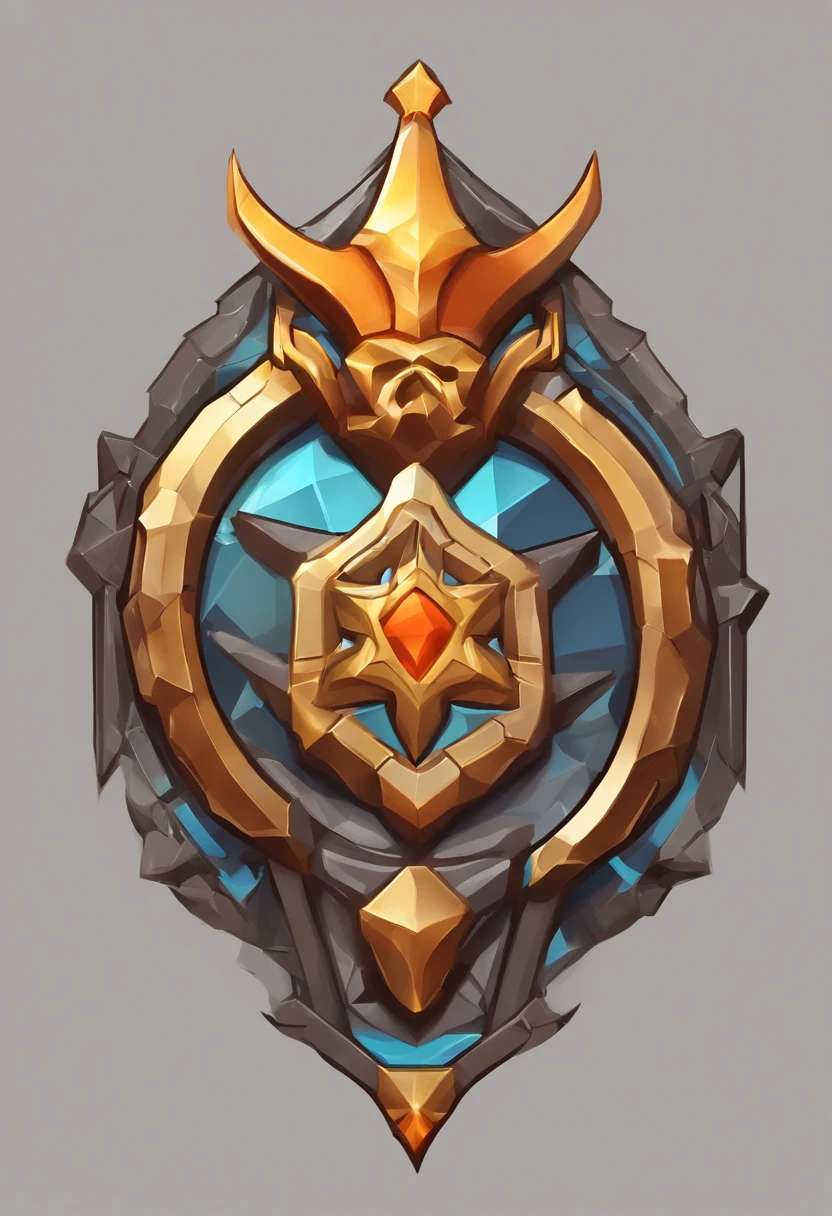 Game medallion with metal faucet closeup with crown,drak,hearthstone art style, Hearthstone style art, hearthstone concept art, Riot game concept art, style of league of legends, iconic character splash art, League of Legends crown,Game badge,Surrounding metal feathers,Orange gold,c4d渲染,Less detail,less detailing
