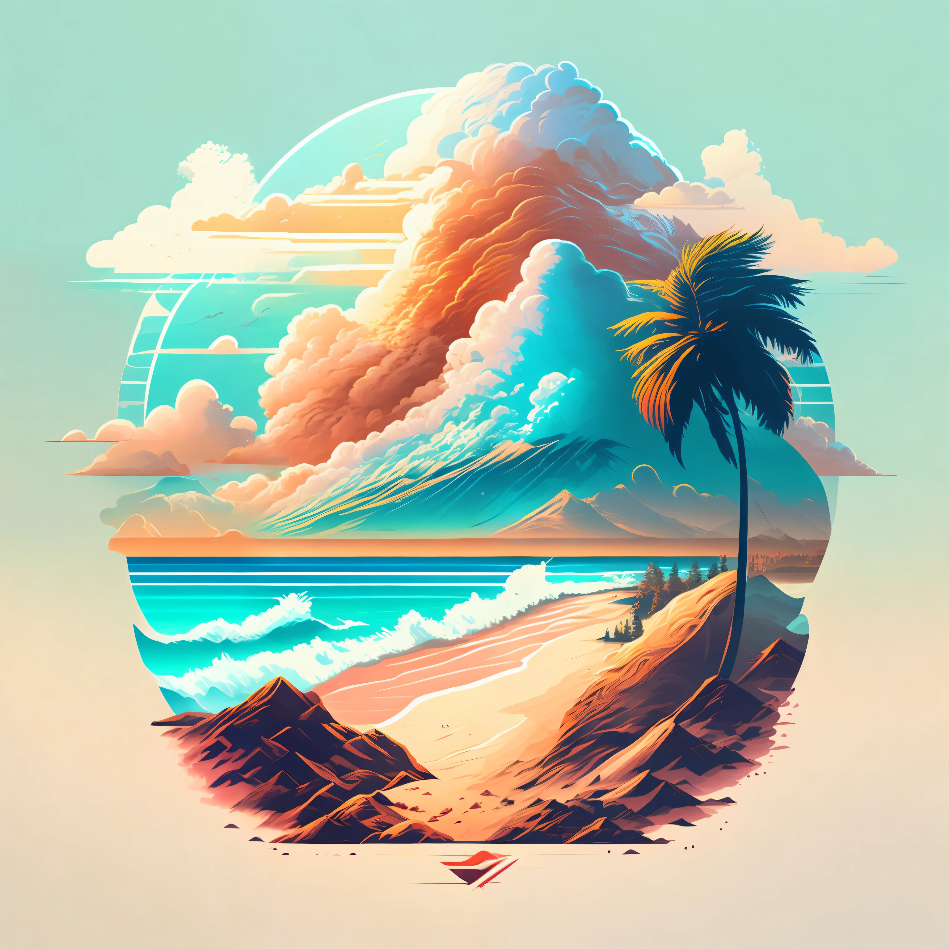 A beach in a summer landscape, T-shirt design, Midjourney, Vector Art, Hydro74, au dessus des nuages