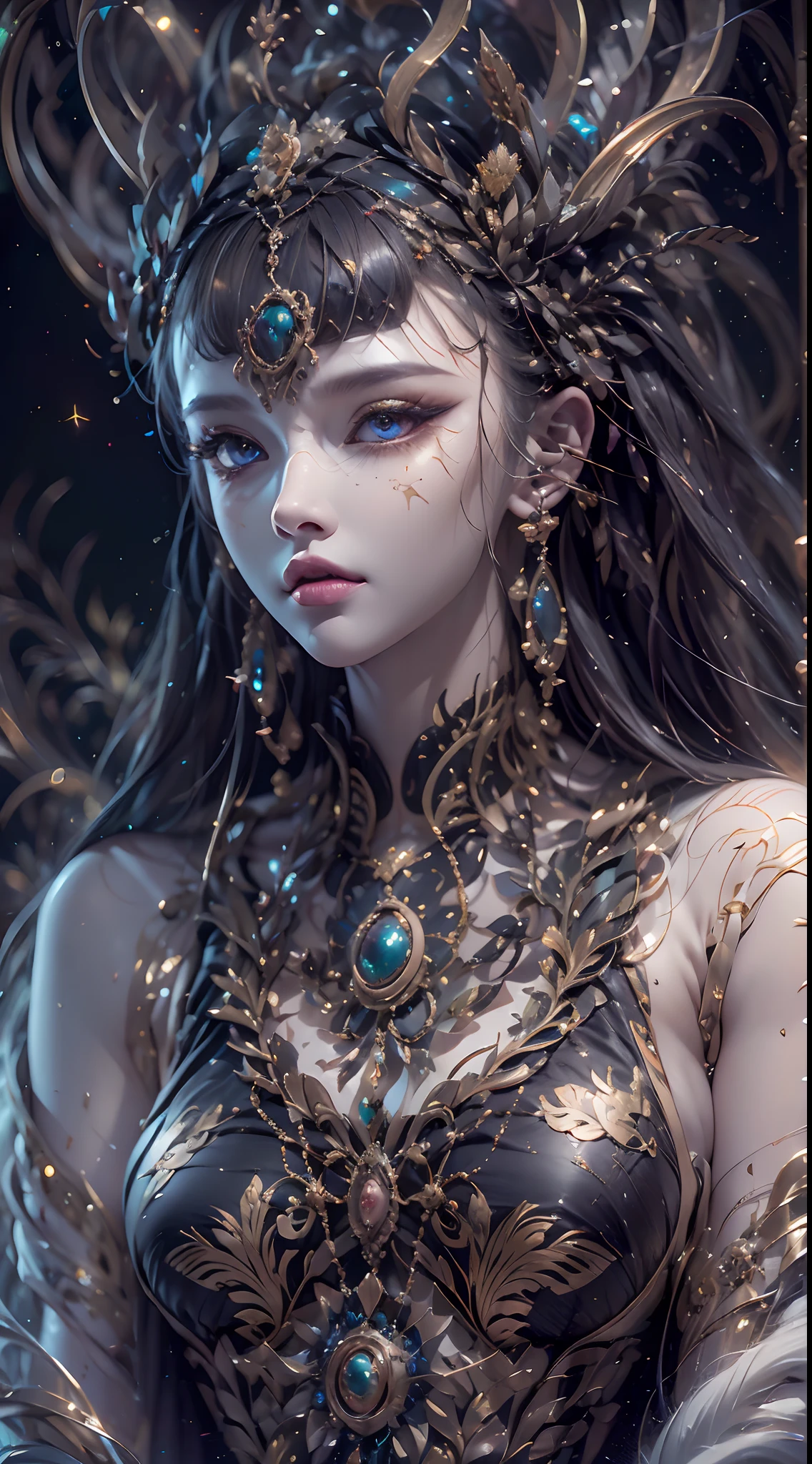 （best qualtiy，ultra - detailed，Most Best Illustration，Best shadow，tmasterpiece，A high resolution，professionalartwork，famousartwork），Detailed eyes，beautidful eyes，closeup cleavage，sci-fy，colored sclera，Robot eyes，face markings，Tattooed with，（fractalized，Fractal eyes），largeeyes，Wide eyes，（Eye focus），sface focus，Cosmic eyes，Space eyes，Close-up of metal sculpture of a woman with a moon in her hair，goddes。extremly high detail，3 d goddess portrait，Extremely detailed footage of the goddess，a stunning portrait of a goddess，Side image of the goddess，portrait of a beautiful goddess，Full body close-up portrait of the goddess，hecate goddess，portrait of a norse moon goddess，goddess of space and time，PureErosFace_V1，Urzang-6500-V1 version.1，