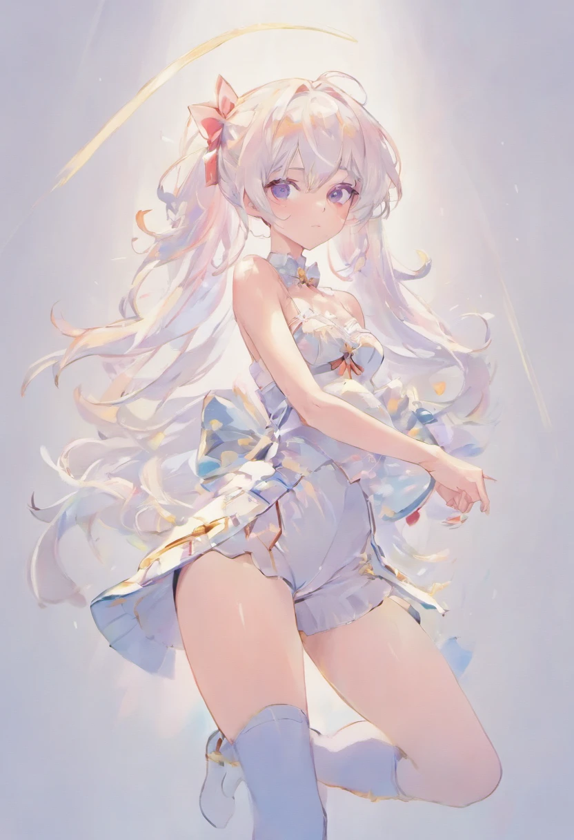 masterpiece, best quality,1girl, simple background, (white background:1.5), multiple views,
thighhighs, gloves, bow-shaped hair, bare shoulders, shorts, navel, cleavage, long hair, bow, pink hair, bangs, purple eyes,