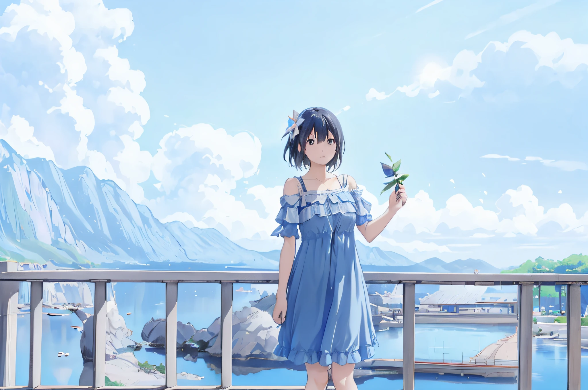 there is a woman standing on a bridge with a blue dress, summer sky, chiho, taken with canon 8 0 d, taken with canon eos 5 d mark iv, blue sky, taken with canon eos 5 d, harumi, taken with a canon eos 5 d, summer day, taken with a canon eos 5d, clear sunny day