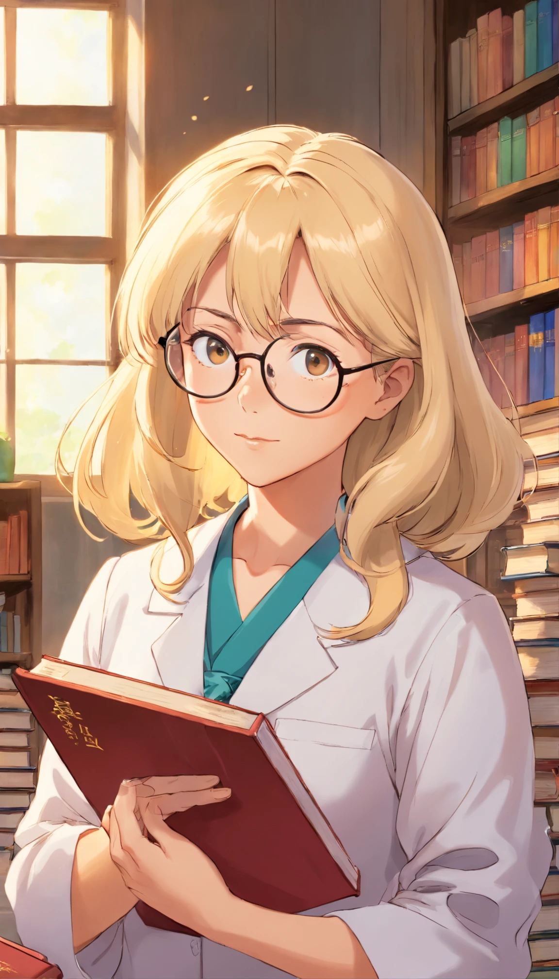 Miss pangilinan, science teacher,eye glases,blond hair,50 years old,kind,wearing a teachers uniform,handling a books,with eye glasses,looks like an Auntie.