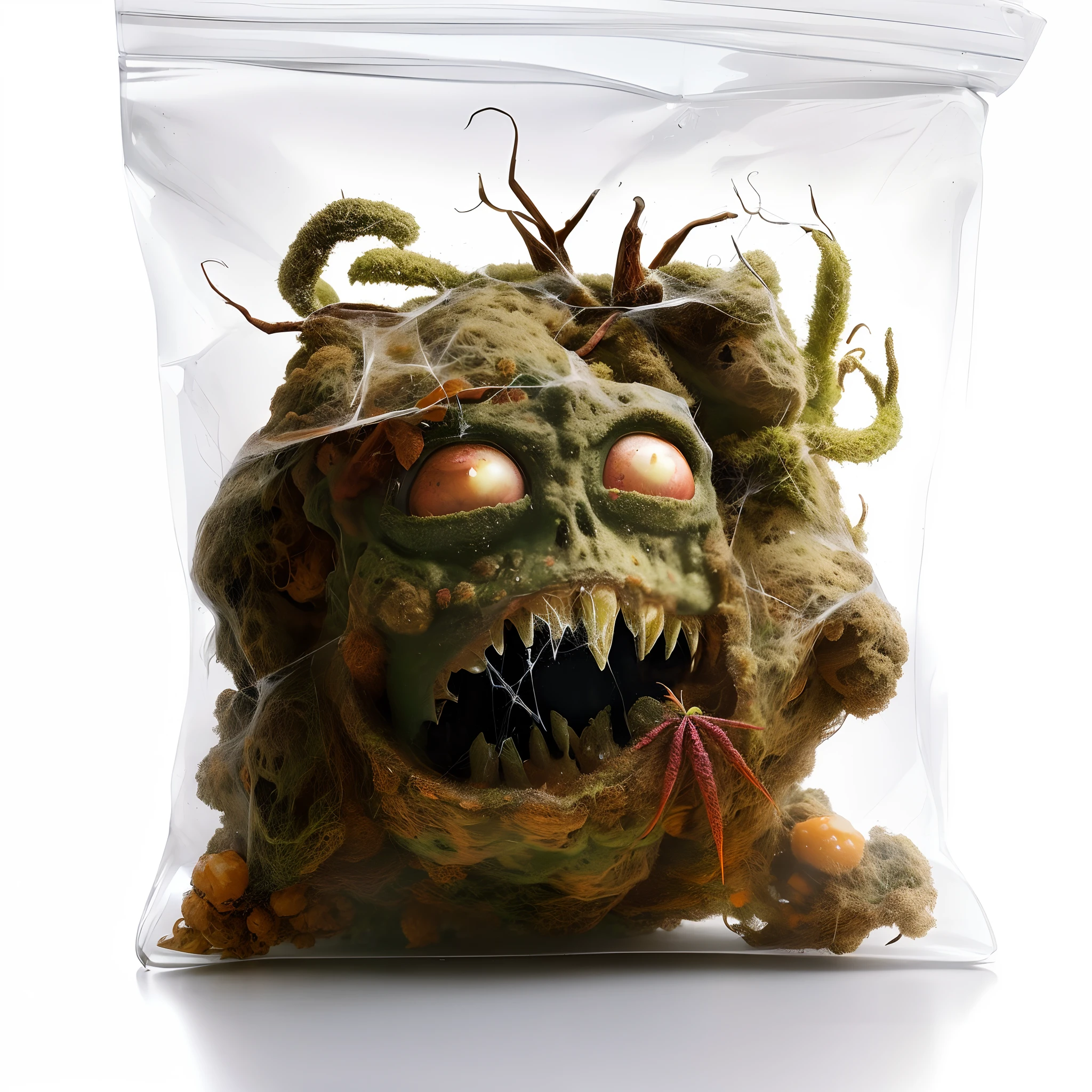 A monstrous creature made of rotten vegetables and moldy bread, with glowing eyes and writhing tendrils, hidden inside a dimly lit refrigerator. The creature has a slimy texture and a vaguely humanoid shape. The environment is cluttered with other decaying food items. The scene is eerie and unsettling.