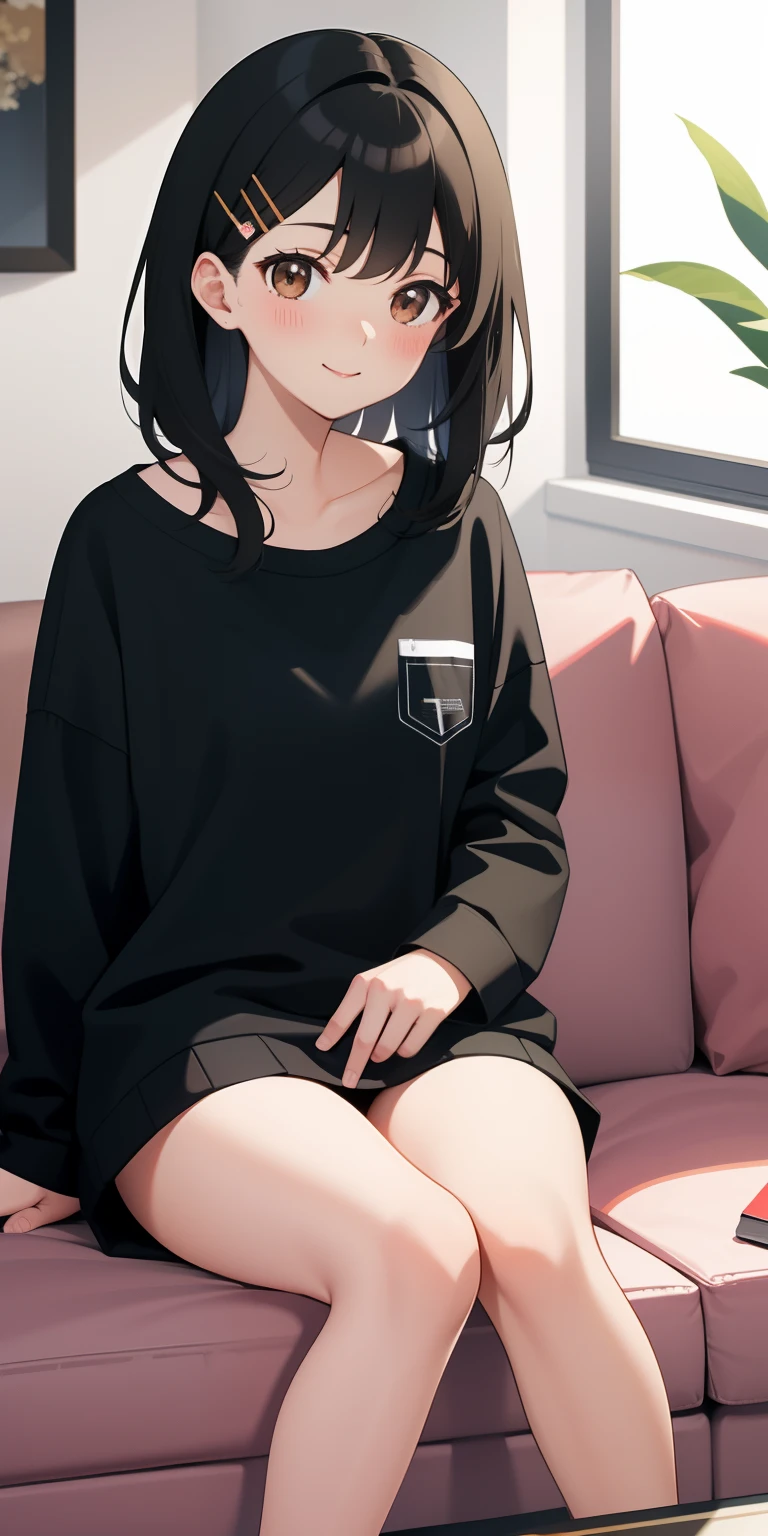 one college girl, black medium hair, brown eyes, hair clip, light blush (1 :1) , light smile, pyjama, living room, sitting on couch