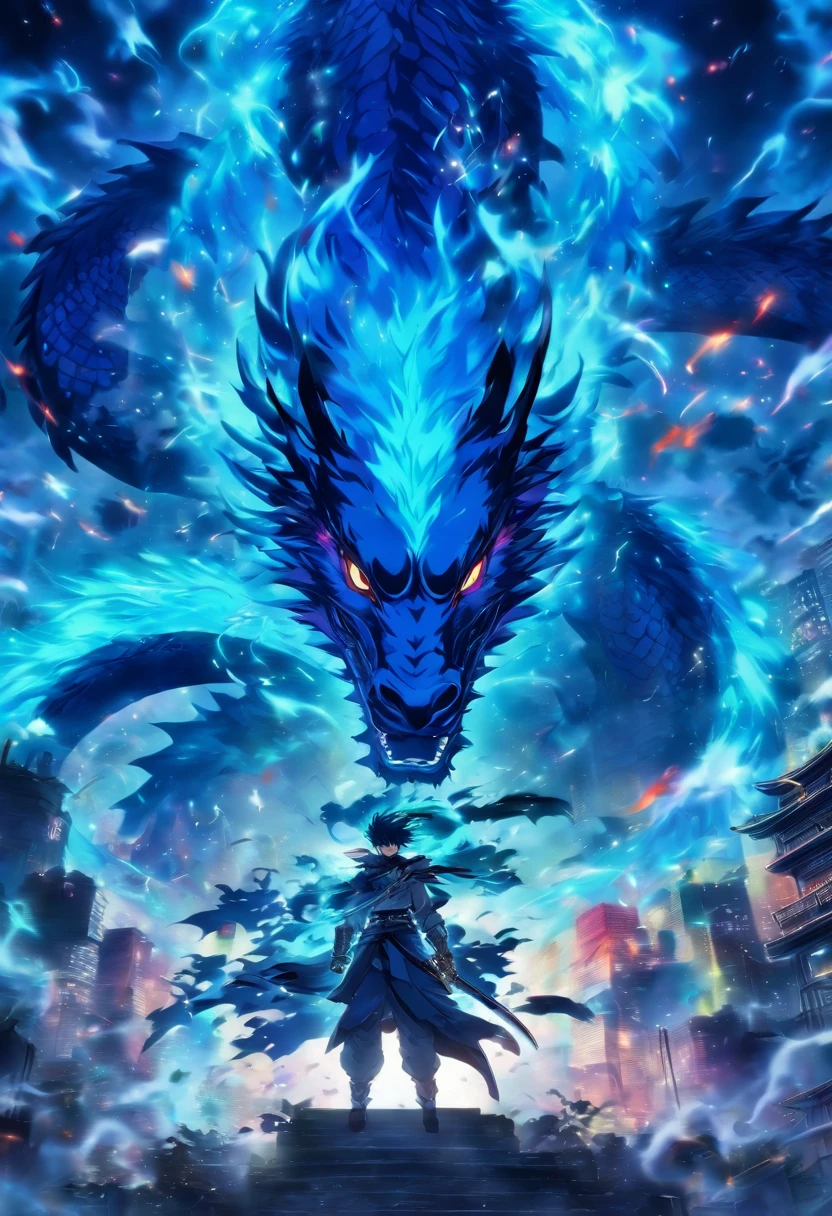 (a-blue-themed,18K resolution,altamente detalhado,master part:1.2),um jovem sinistro vestindo um manto branco,segurando uma espada brilhante roxa,poisonous substances in the air,with a faint ghostly silhouette of a black dragon hovering over its head.