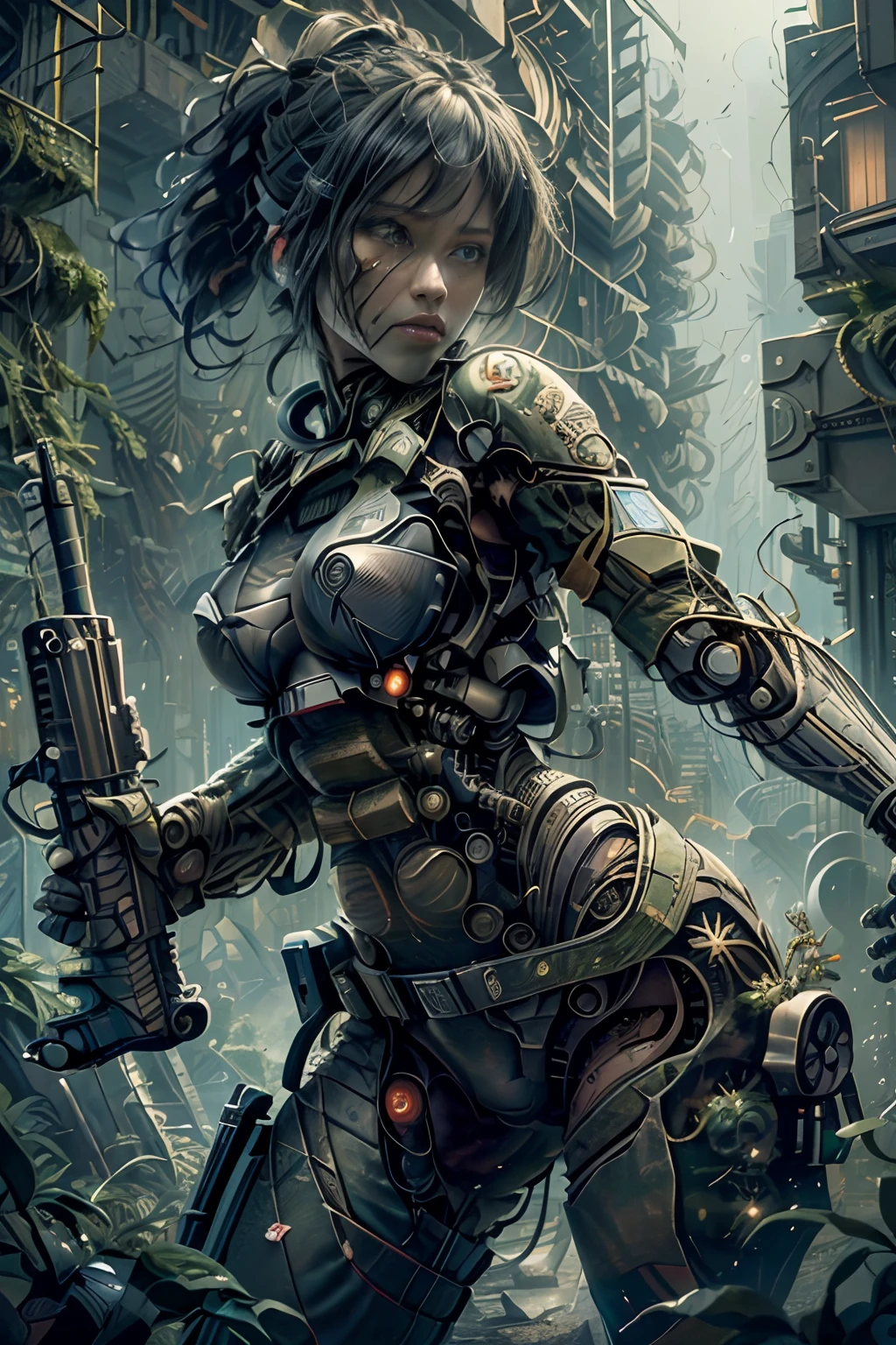 ((Best quality)), ((masterpiece)), (highly detailed:1.3), 3D, beautiful (cyberpunk:1.2) special forces, robort,female with thick voluminous hair wearing (wearing camouflage_uniform:1.1), body armour,cape,digital (camouflage:1.3),HDR (High Dynamic Range),Ray Tracing,NVIDIA RTX,Super-Resolution,Unreal 5,Subsurface scattering,PBR Texturing,Post-processing,Anisotropic Filtering,Depth-of-field,Maximum clarity and sharpness,Multi-layered textures,Albedo and Specular maps,Surface shading,Accurate simulation of light-material interaction,Perfect proportions,Octane Render,Two-tone lighting,Wide aperture,Low ISO,White balance,Rule of thirds,8K RAW,Efficient Sub-Pixel,sub-pixel convolution
