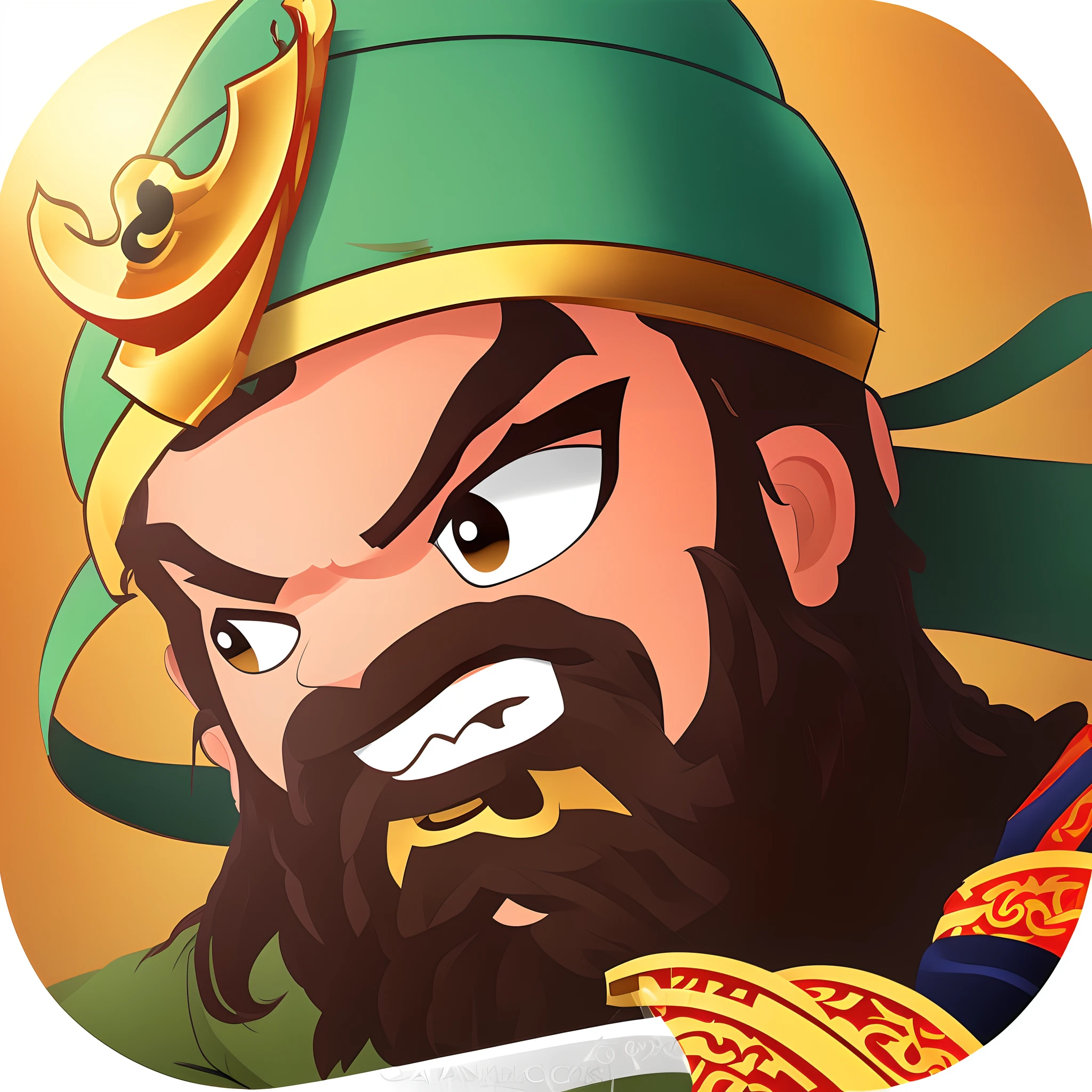 Cartoon image of a man with a beard and a green hat, chinese three kingdoms, from three kingdoms, Three kingdoms, Guan yu, three kingdom, Ming dynasty, xianxia hero, feng shu, qiangshu, zun, daoshu, su fu, tang mo, bian lian, nanquan, inspired by Huang Ding, hua cheng