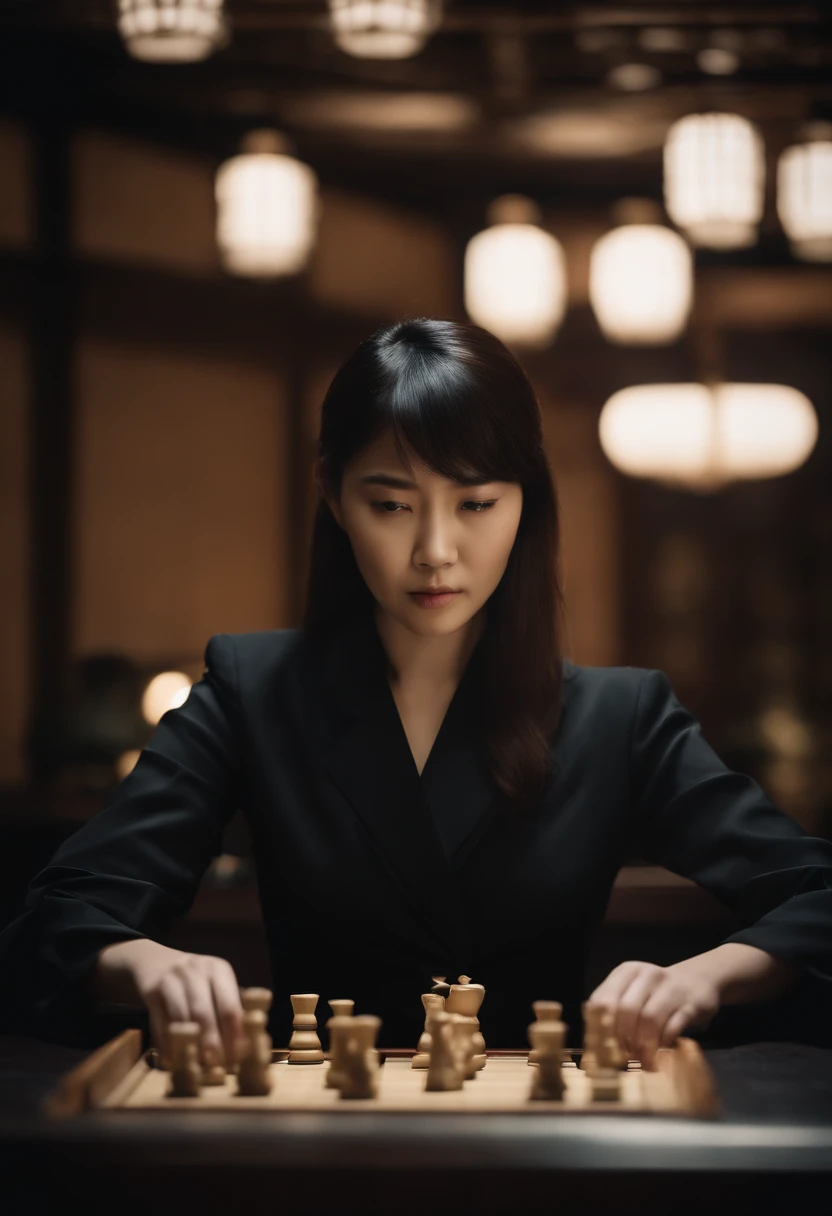 A female shogi player with a black shirt, a black suit and black leather gloves