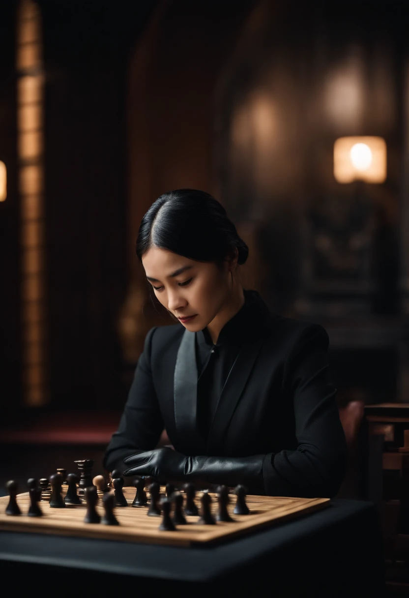 A female shogi player with a black shirt, a black suit and black leather gloves