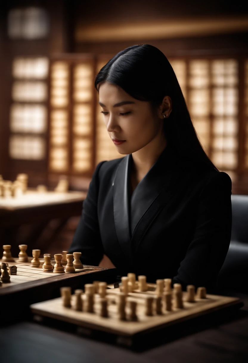 A female shogi player with a black shirt, a black suit and black leather gloves