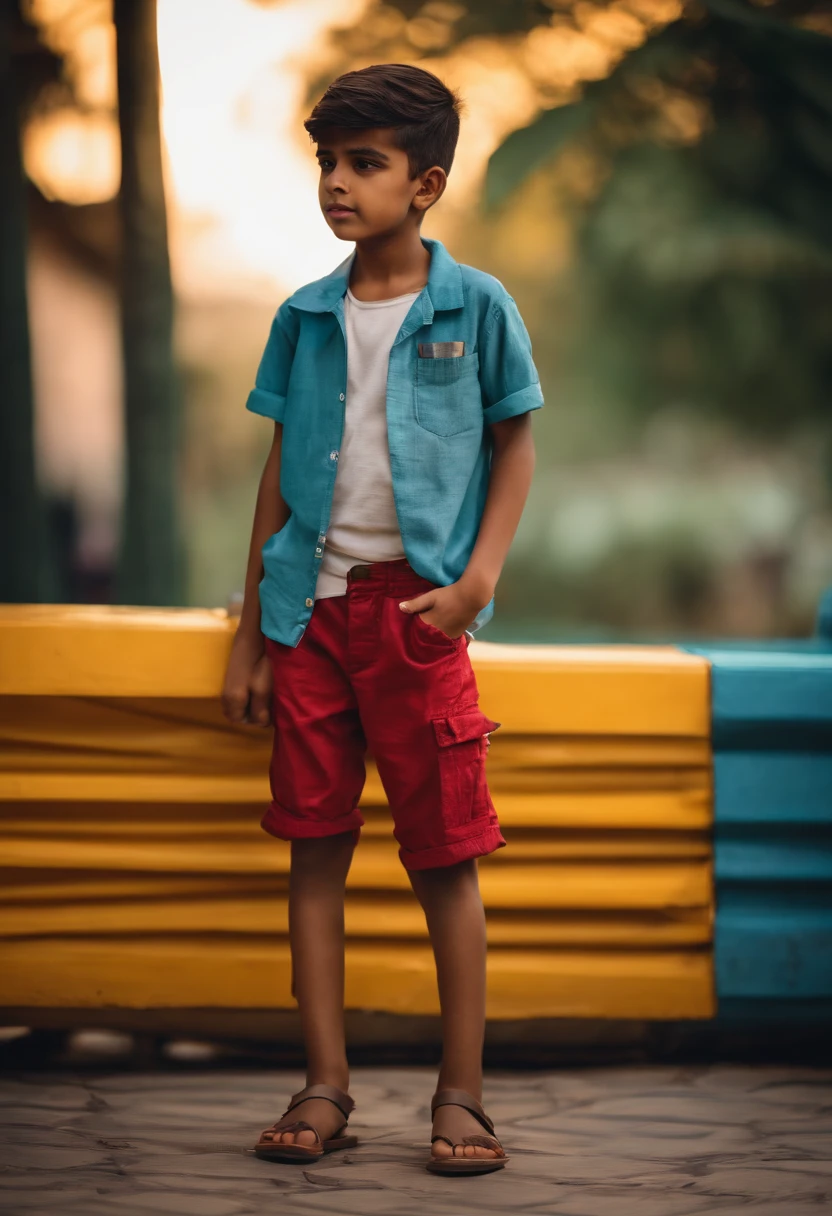 A boy putting his hand in pocket wearing half pant and half t shirt