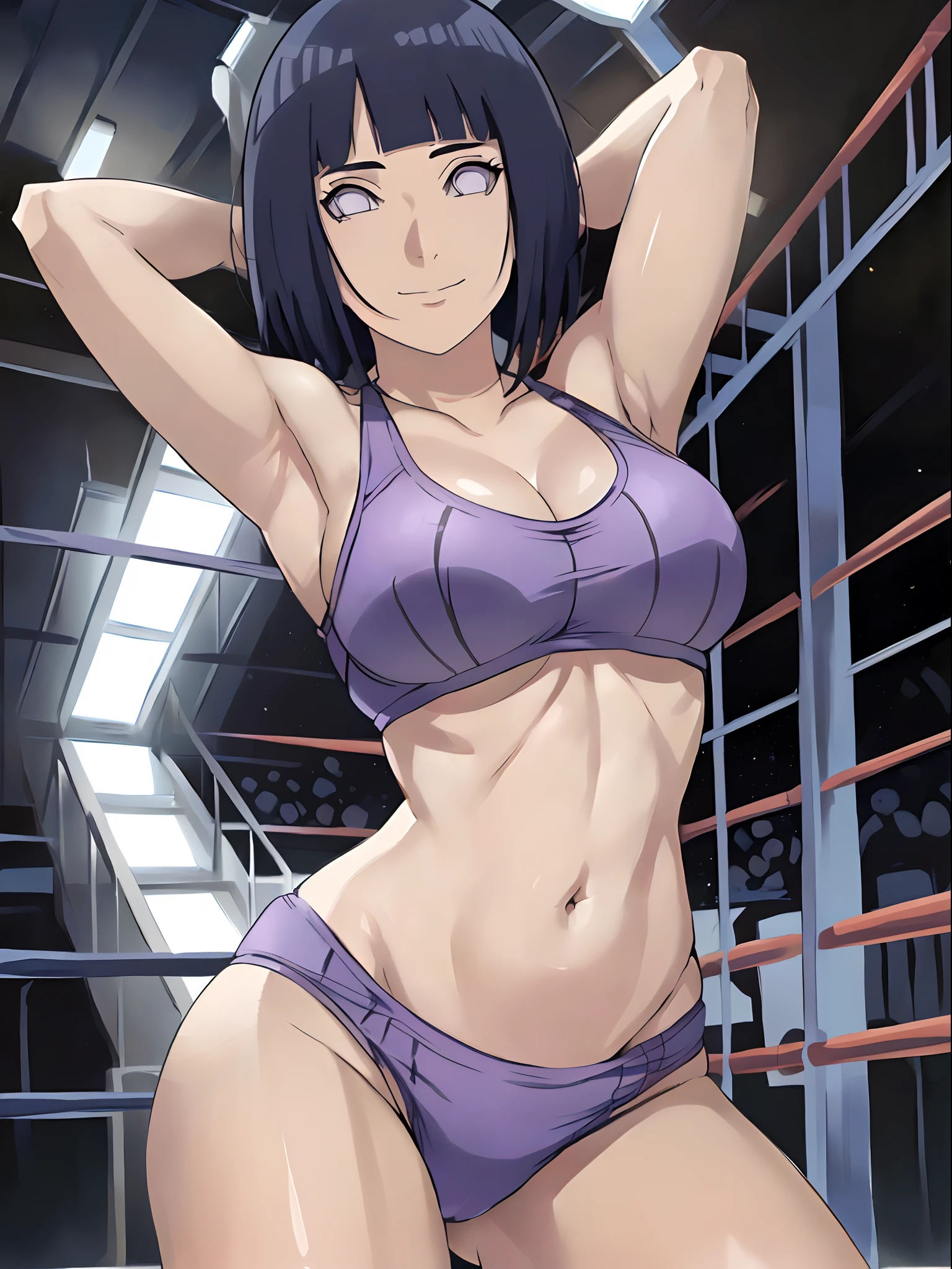 anime style, (hinata\(boruto\), (female wrestler), (slender body), mature woman, milf, (bikini, wrestling gear) victorious, gorgeous, winner, kind face, smile, closed mouth, pale skin, (dark blue hair color:1.1), wavy hair, ((short hair, hime cut), big breasts, (only one arm stretching), long belly, closed fists